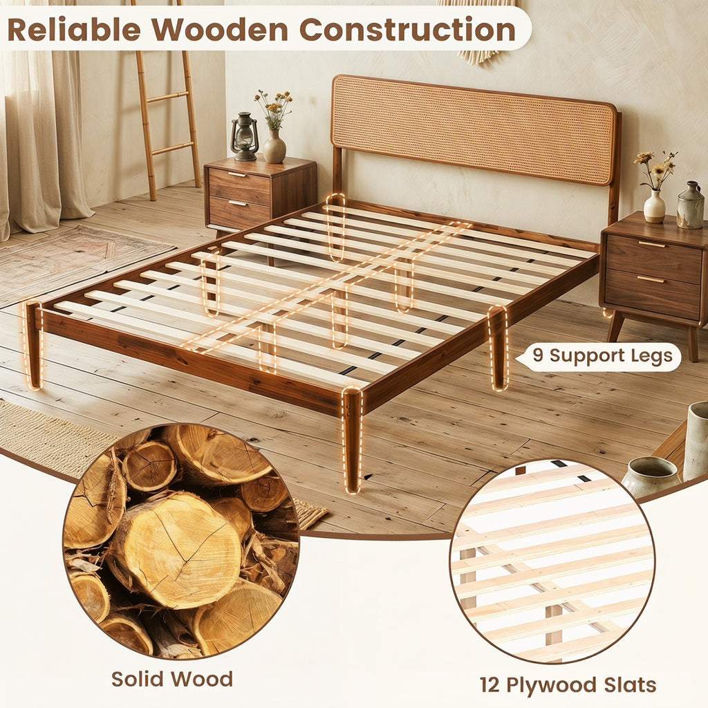 Queen Rattan Headboard Bed Frame with Wood Slat Support