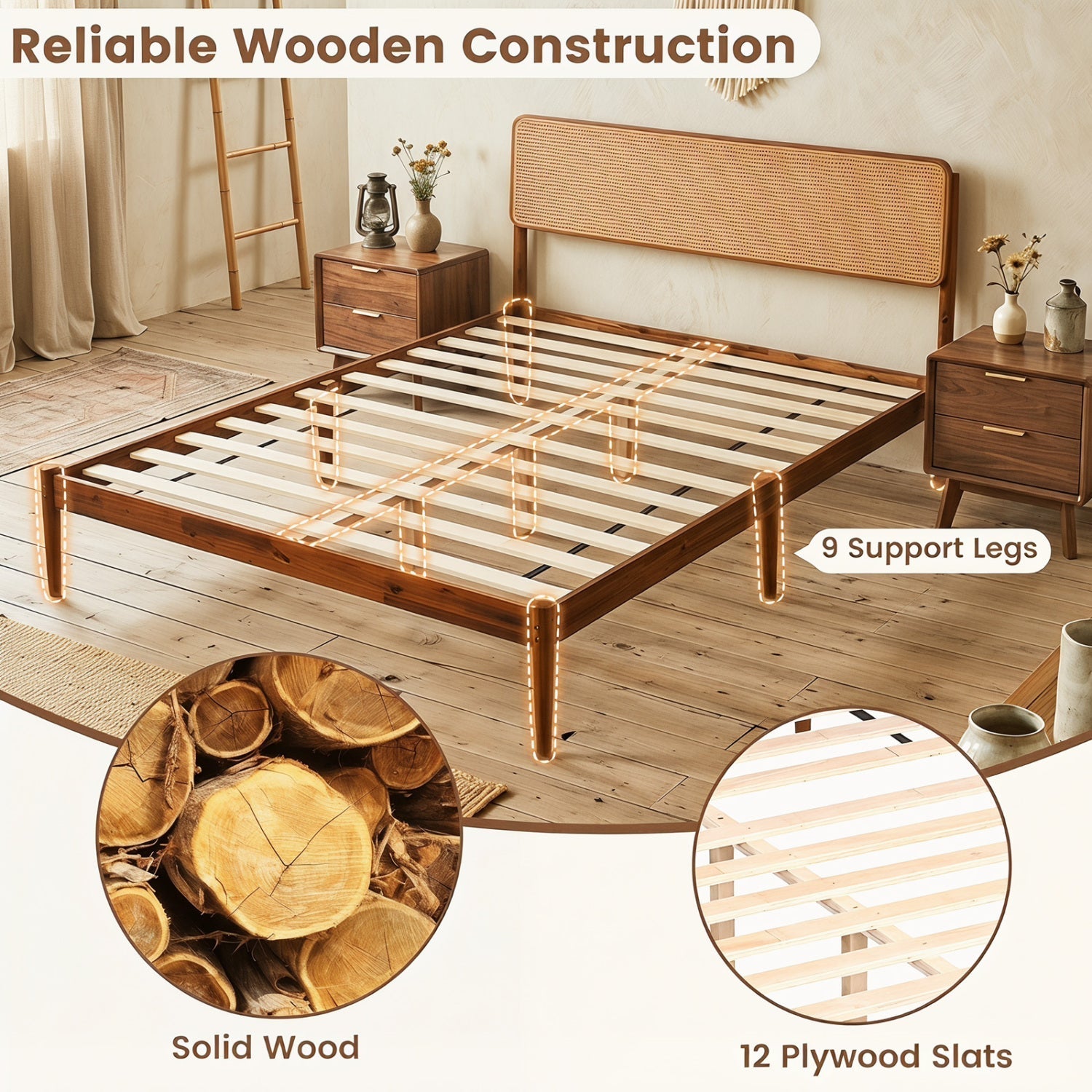 Queen Rattan Headboard Bed Frame with Wood Slat Support
