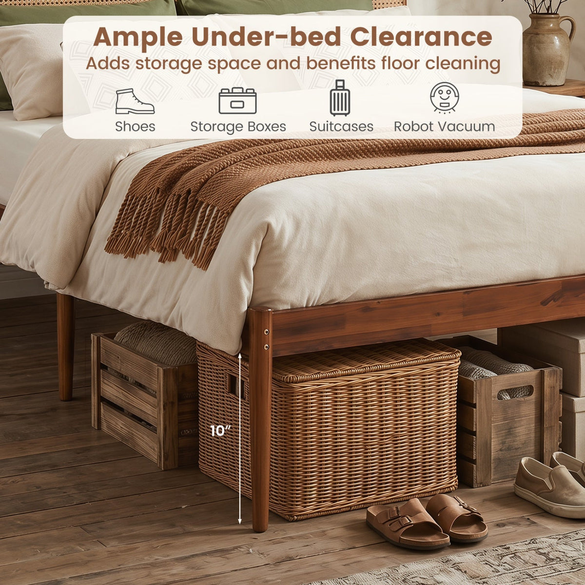 Queen Rattan Headboard Bed Frame with Wood Slat Support
