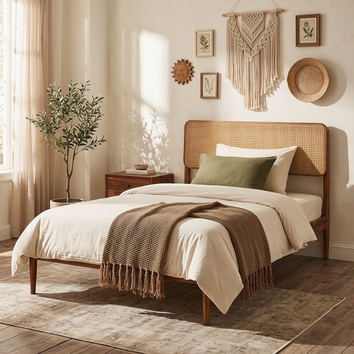 Queen Rattan Headboard Bed Frame with Wood Slat Support