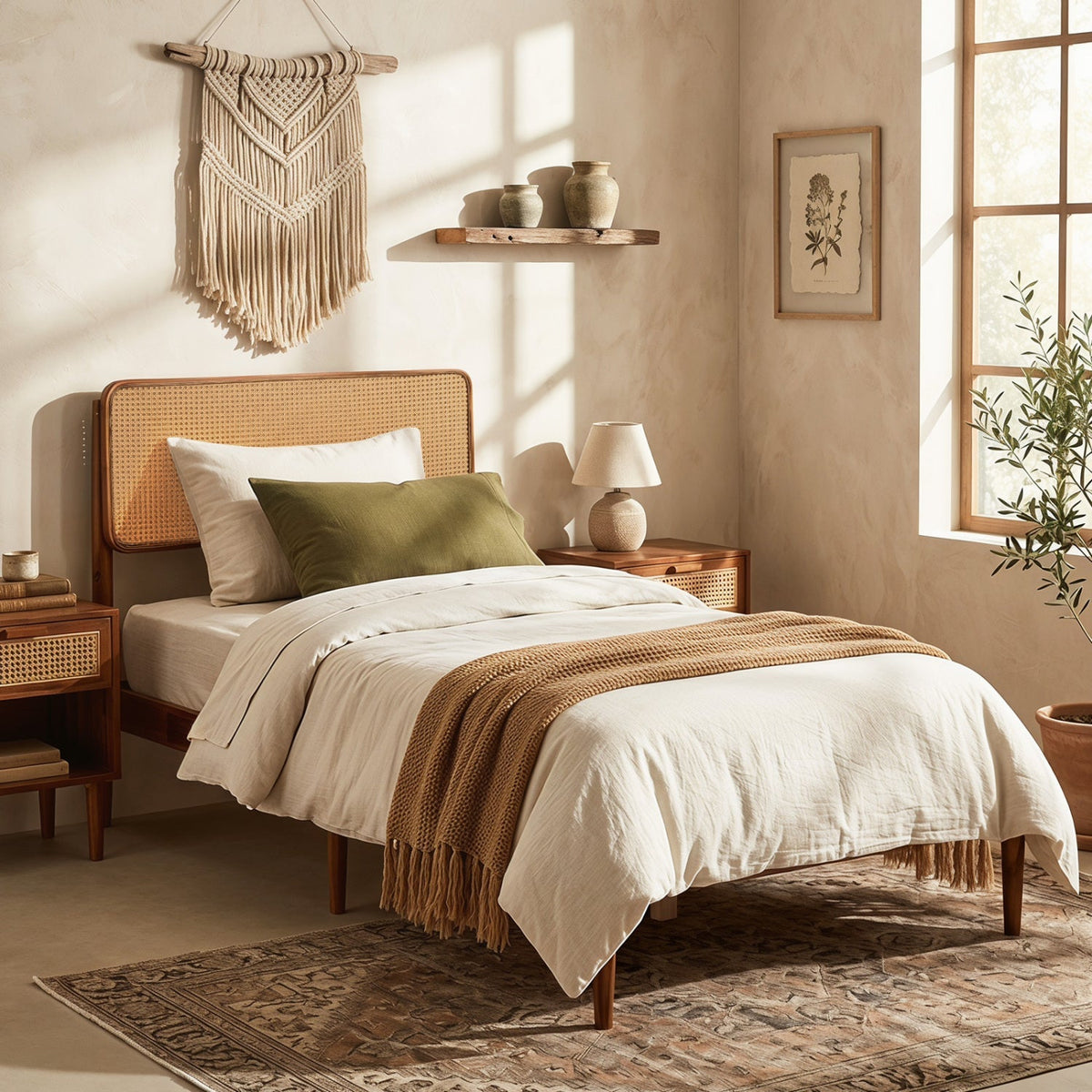 Queen Rattan Headboard Bed Frame with Wood Slat Support
