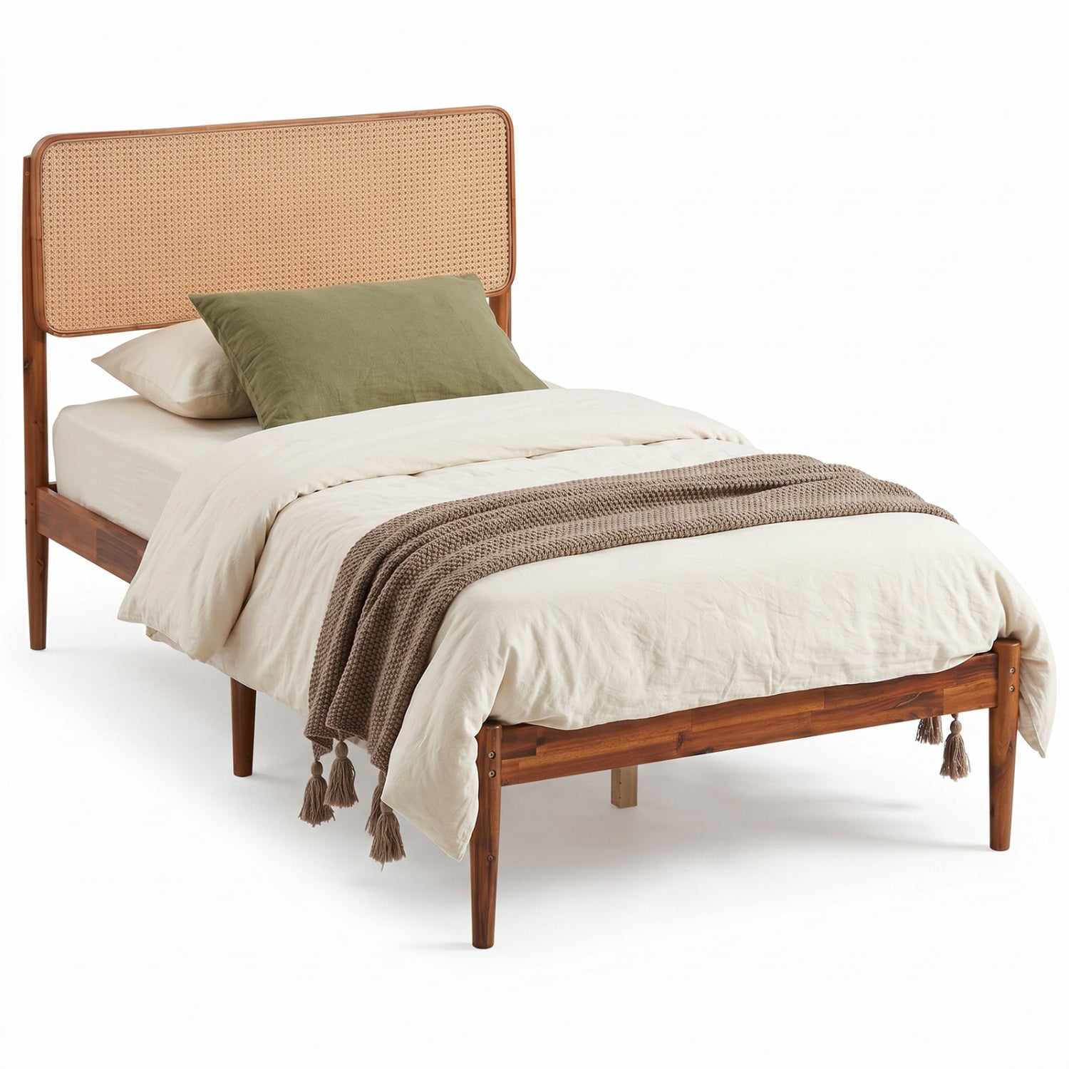 Queen Rattan Headboard Bed Frame with Wood Slat Support