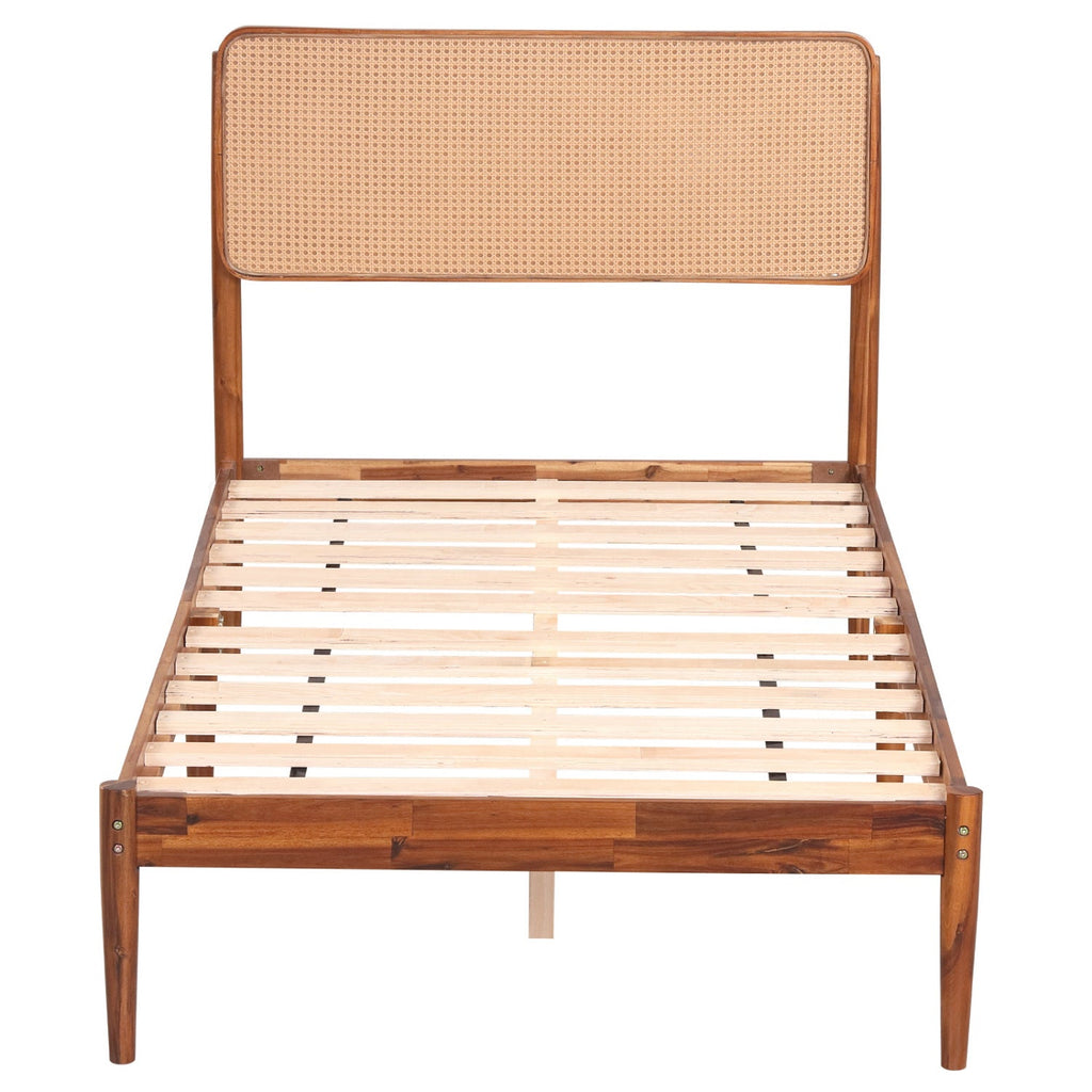 Queen Rattan Headboard Bed Frame with Wood Slat Support
