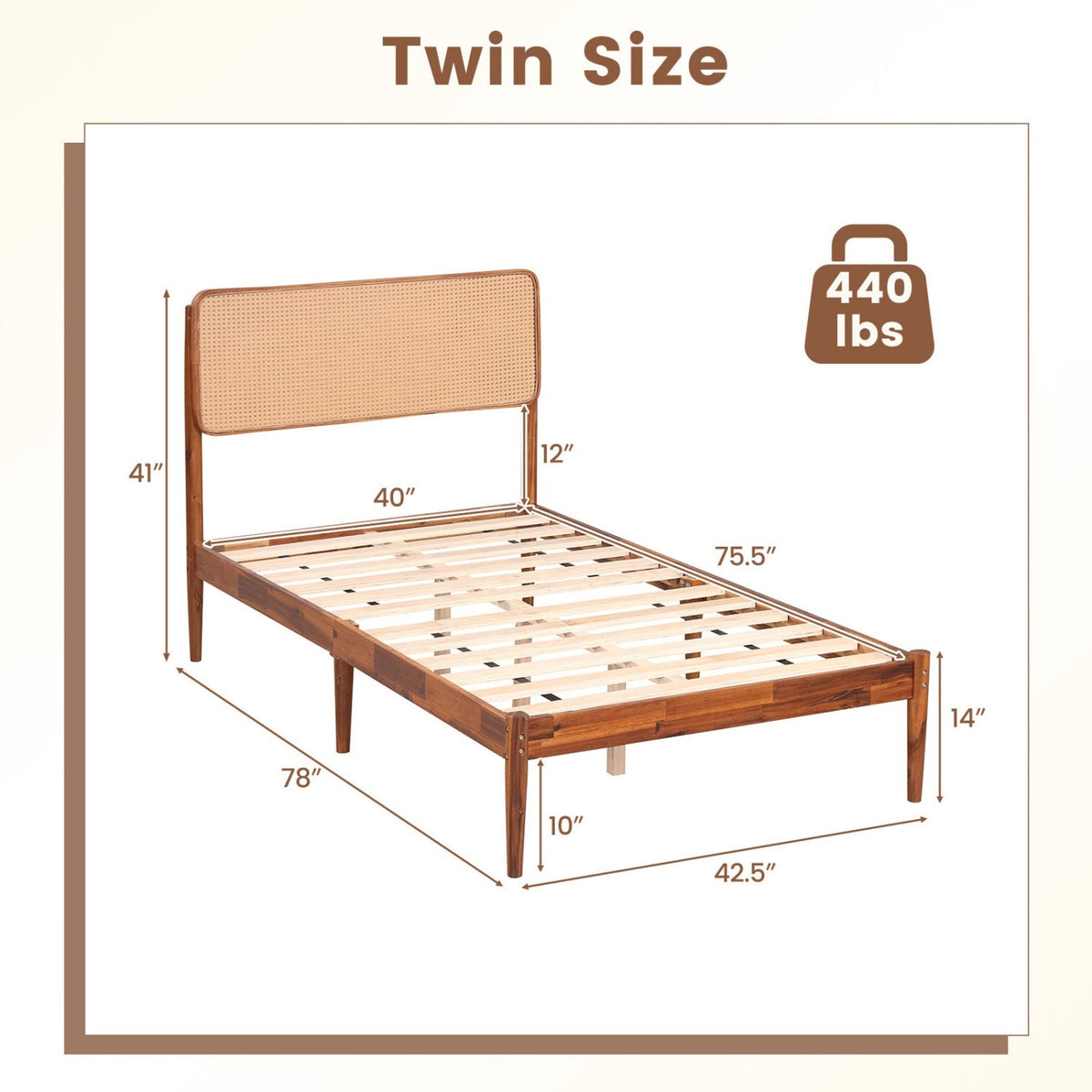 Queen Rattan Headboard Bed Frame with Wood Slat Support