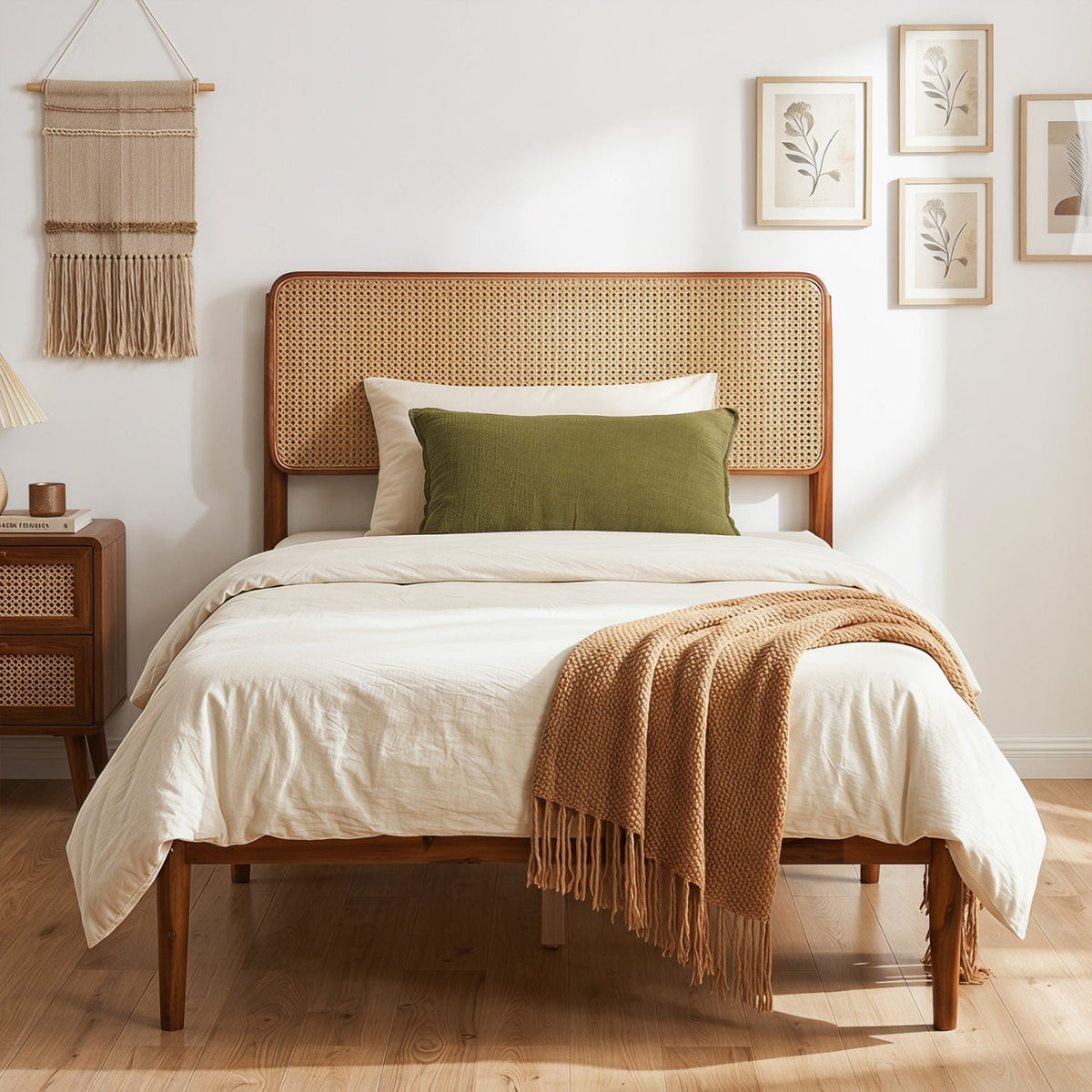 Queen Rattan Headboard Bed Frame with Wood Slat Support