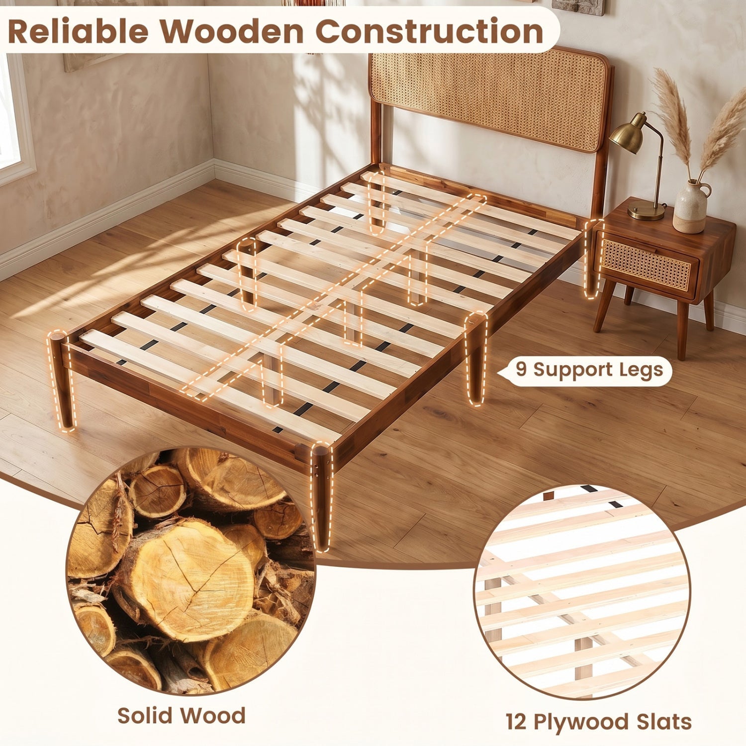 Queen Rattan Headboard Bed Frame with Wood Slat Support