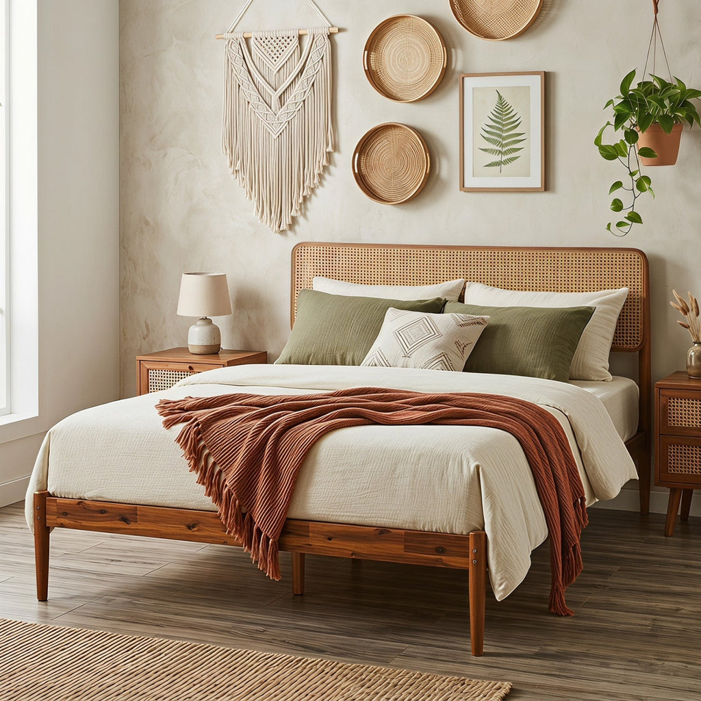 Queen Rattan Headboard Bed Frame with Wood Slat Support