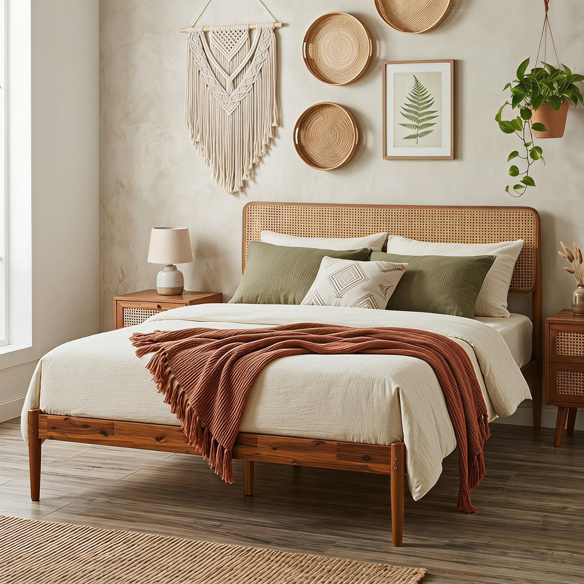 Queen Rattan Headboard Bed Frame with Wood Slat Support