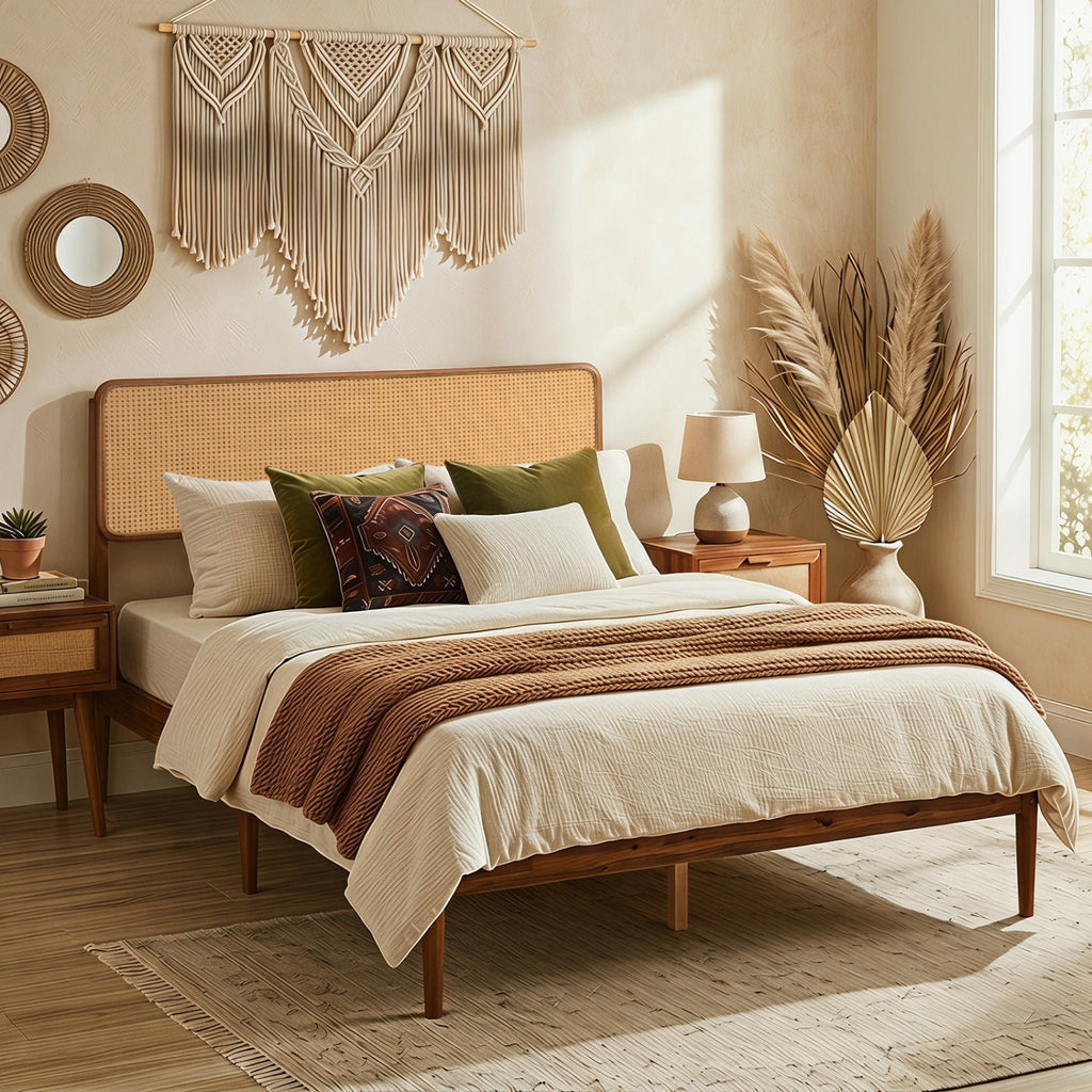 Queen Rattan Headboard Bed Frame with Wood Slat Support