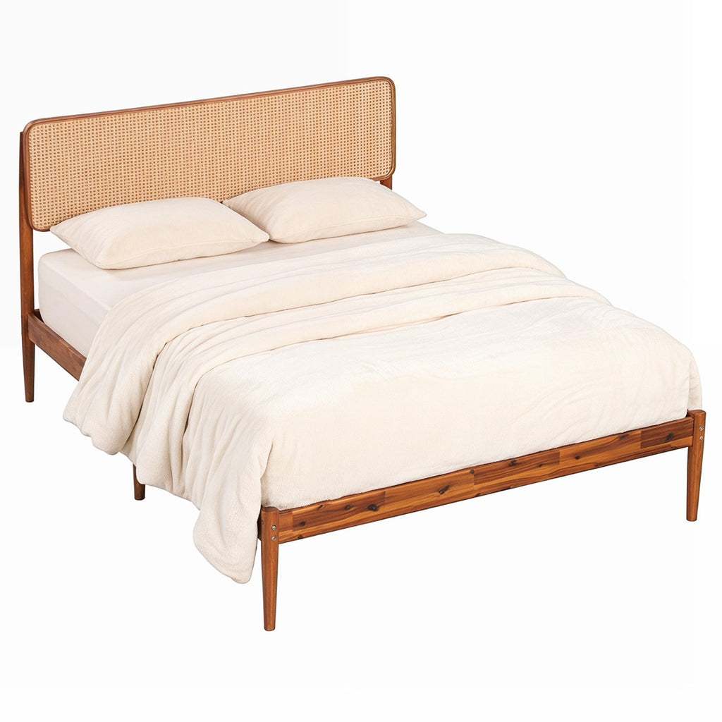 Queen Rattan Headboard Bed Frame with Wood Slat Support