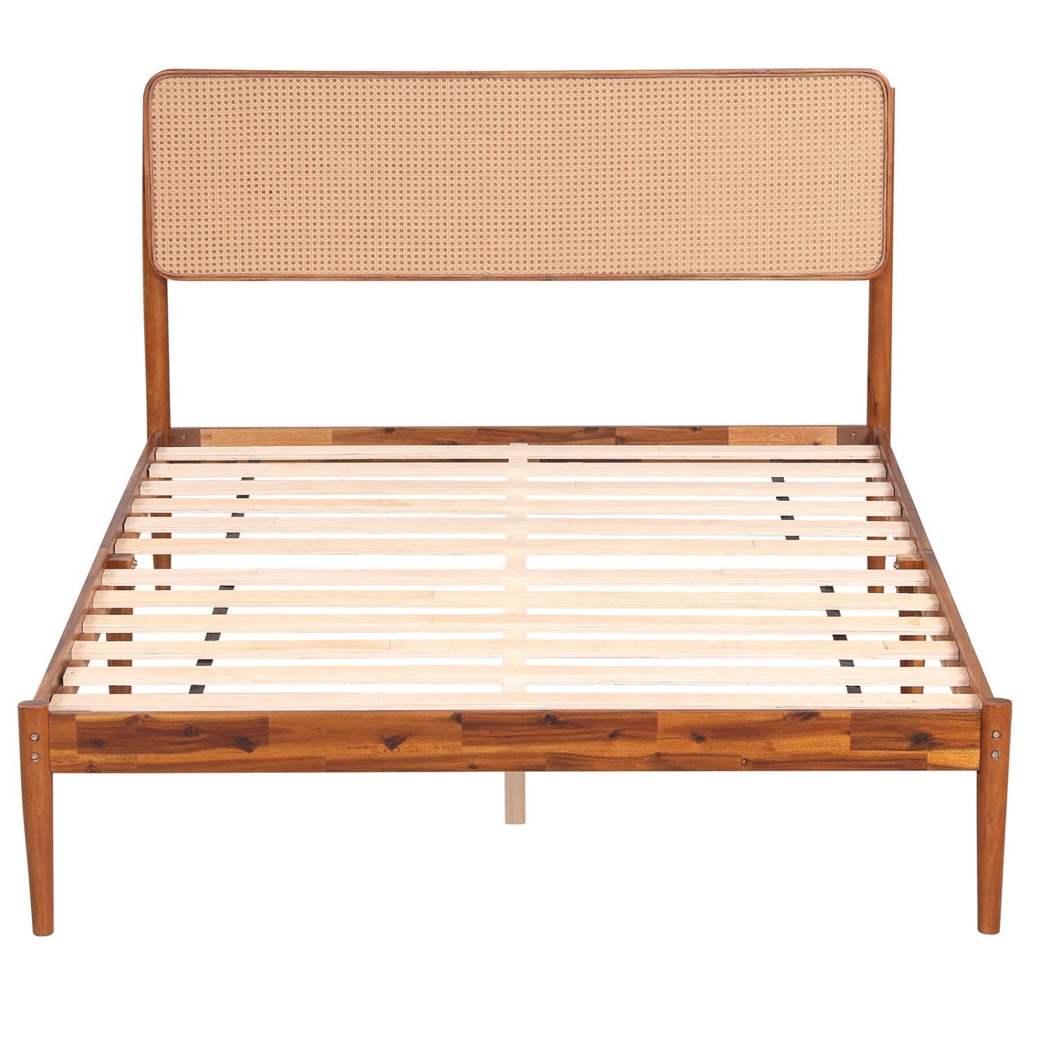 Queen Rattan Headboard Bed Frame with Wood Slat Support