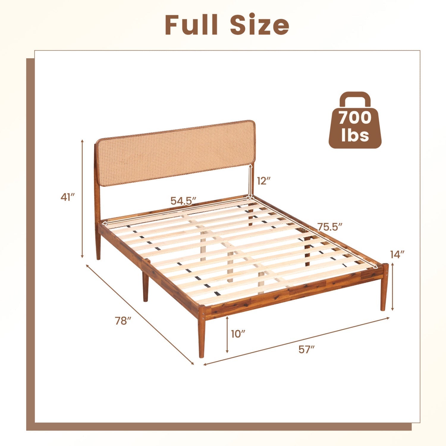Queen Rattan Headboard Bed Frame with Wood Slat Support