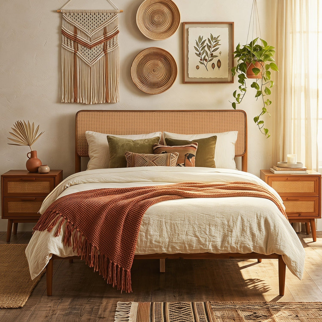 Queen Rattan Headboard Bed Frame with Wood Slat Support