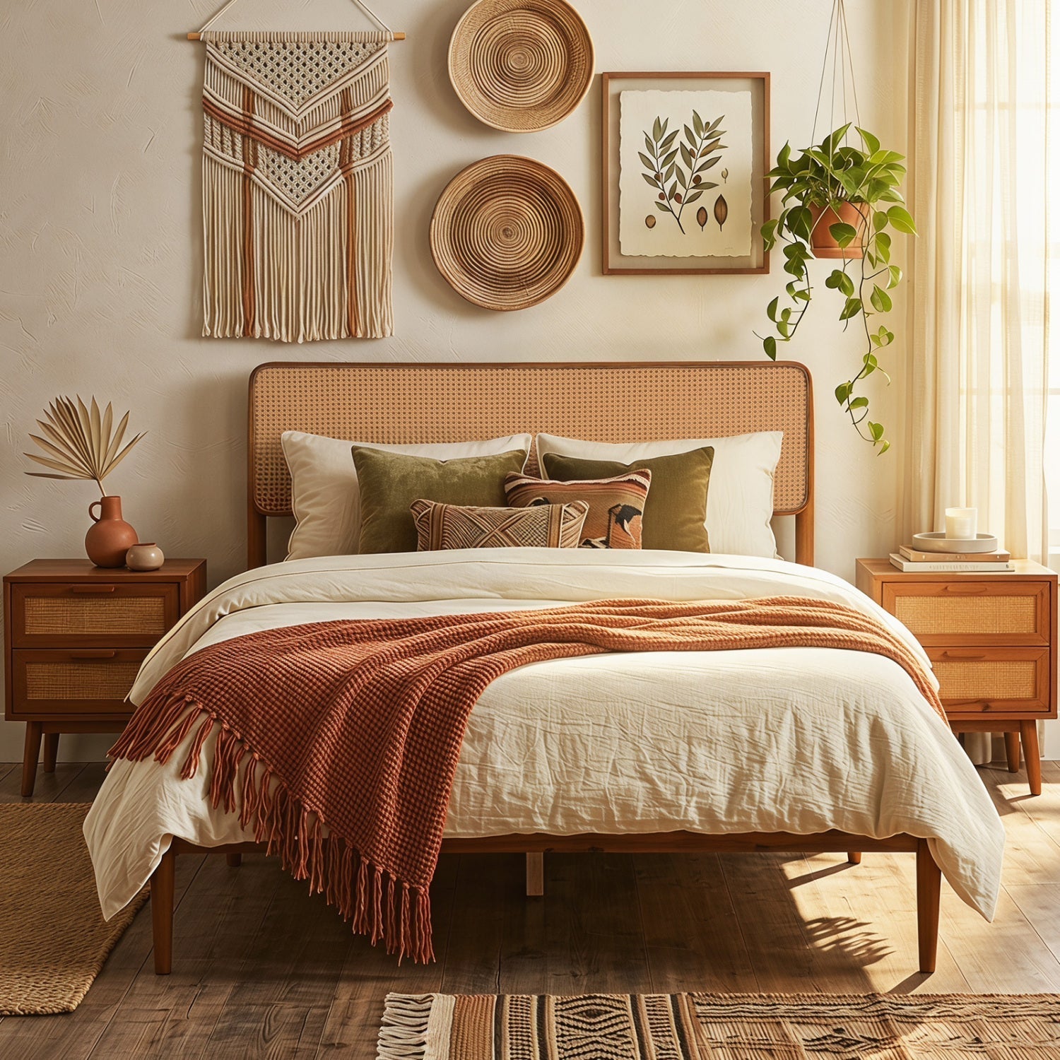 Queen Rattan Headboard Bed Frame with Wood Slat Support