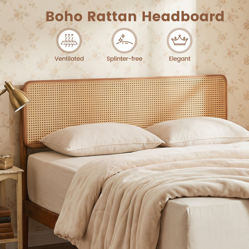 Queen Rattan Headboard Bed Frame with Wood Slat Support