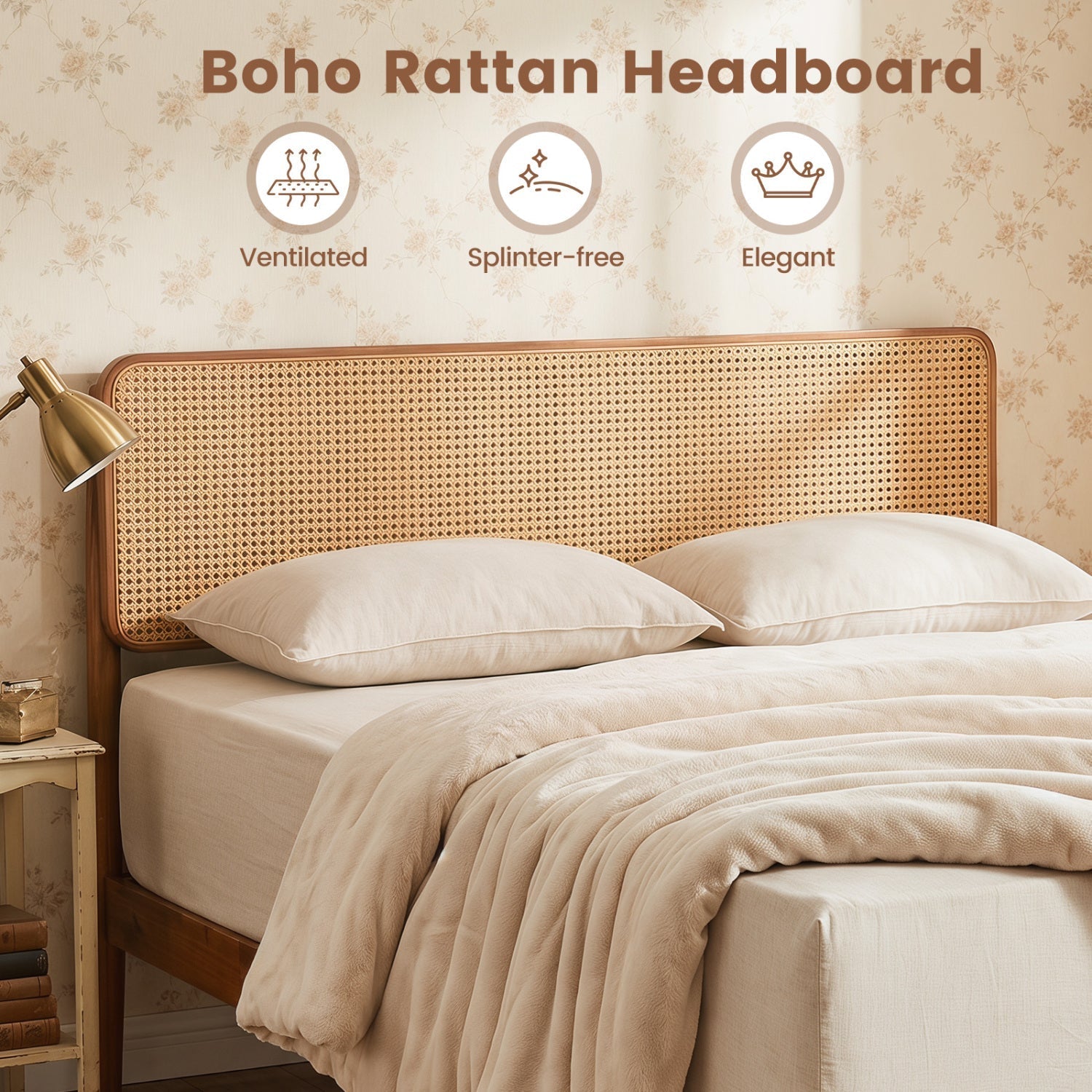 Queen Rattan Headboard Bed Frame with Wood Slat Support