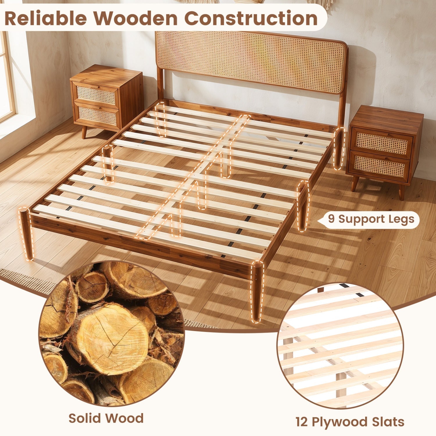 Queen Rattan Headboard Bed Frame with Wood Slat Support