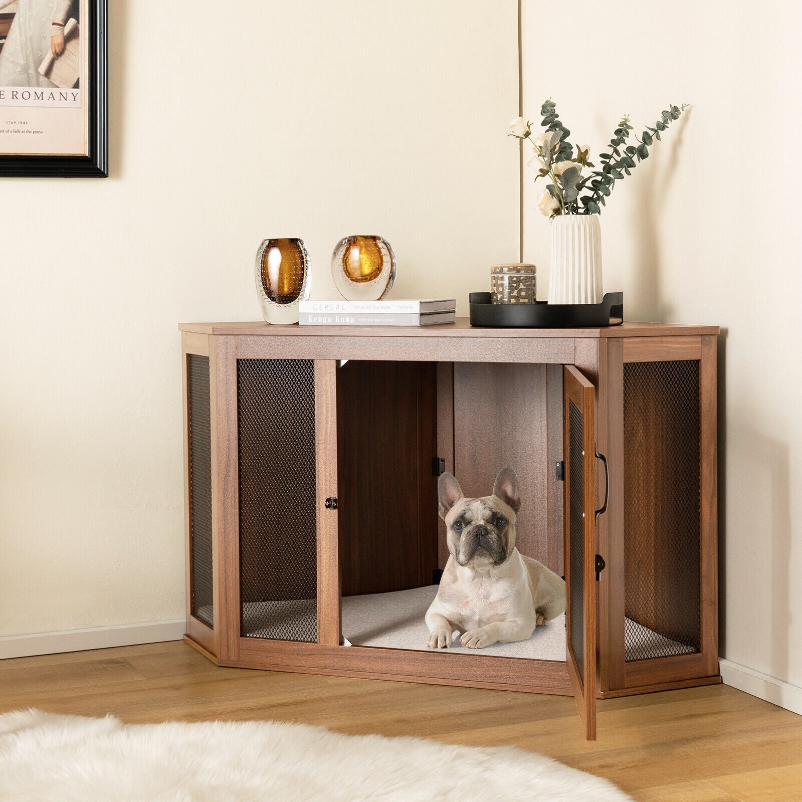 Corner Dog Kennel with Mesh Door and Cushion-Brown