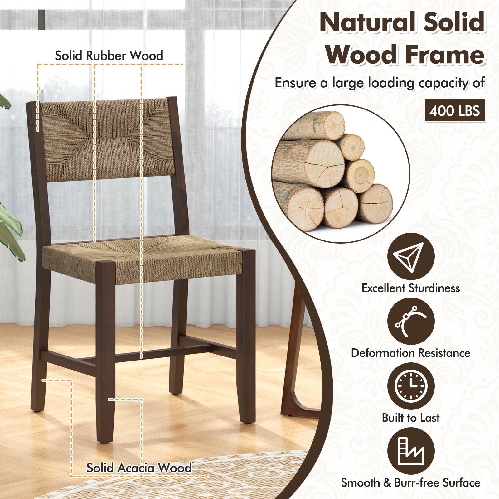 Wooden Dining Chair Set of 2 for Kitchen Dining Room-Brown