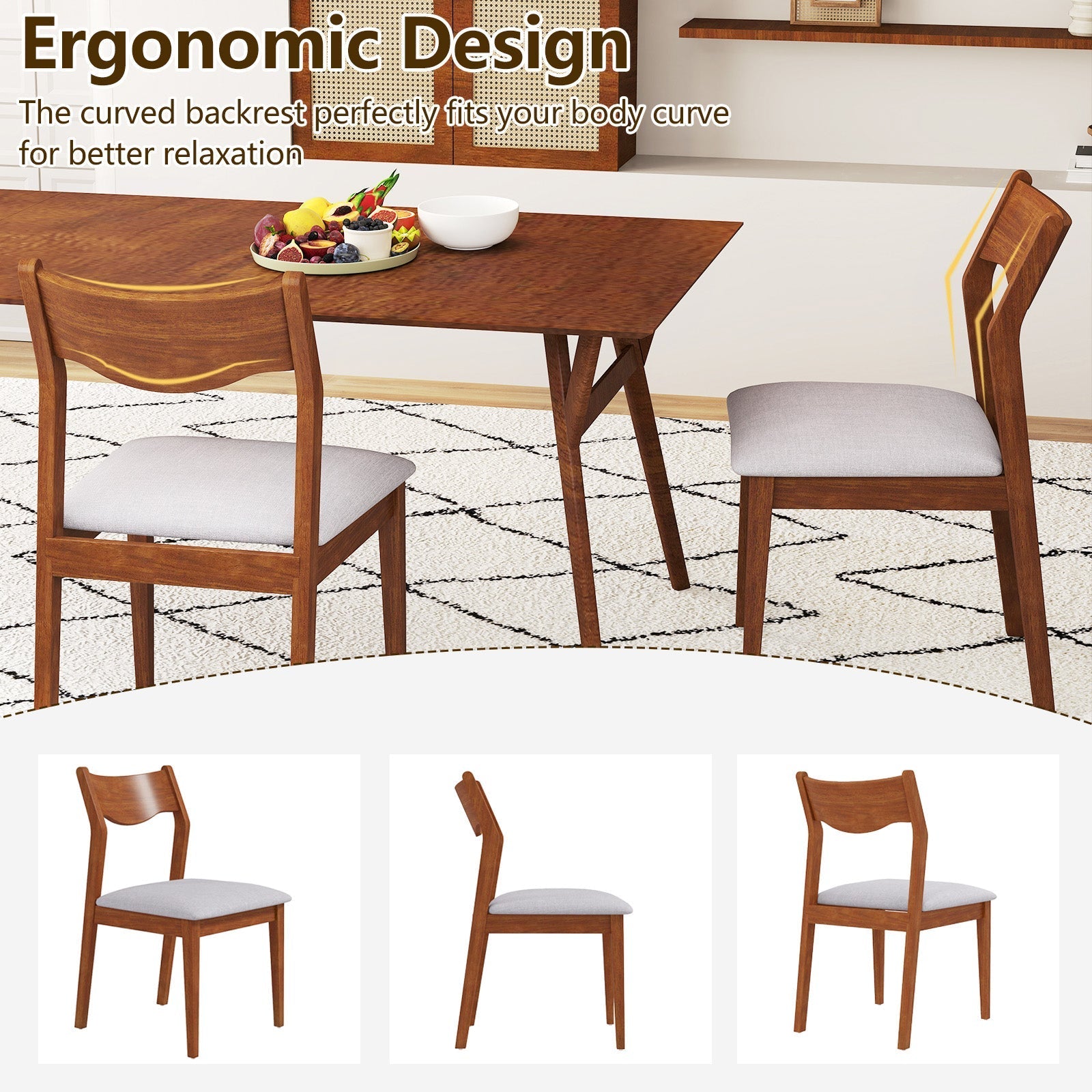 Wooden Dining Chair Set of 2 with Rubber Wood Frame and Wide Padded Seat-Walnut