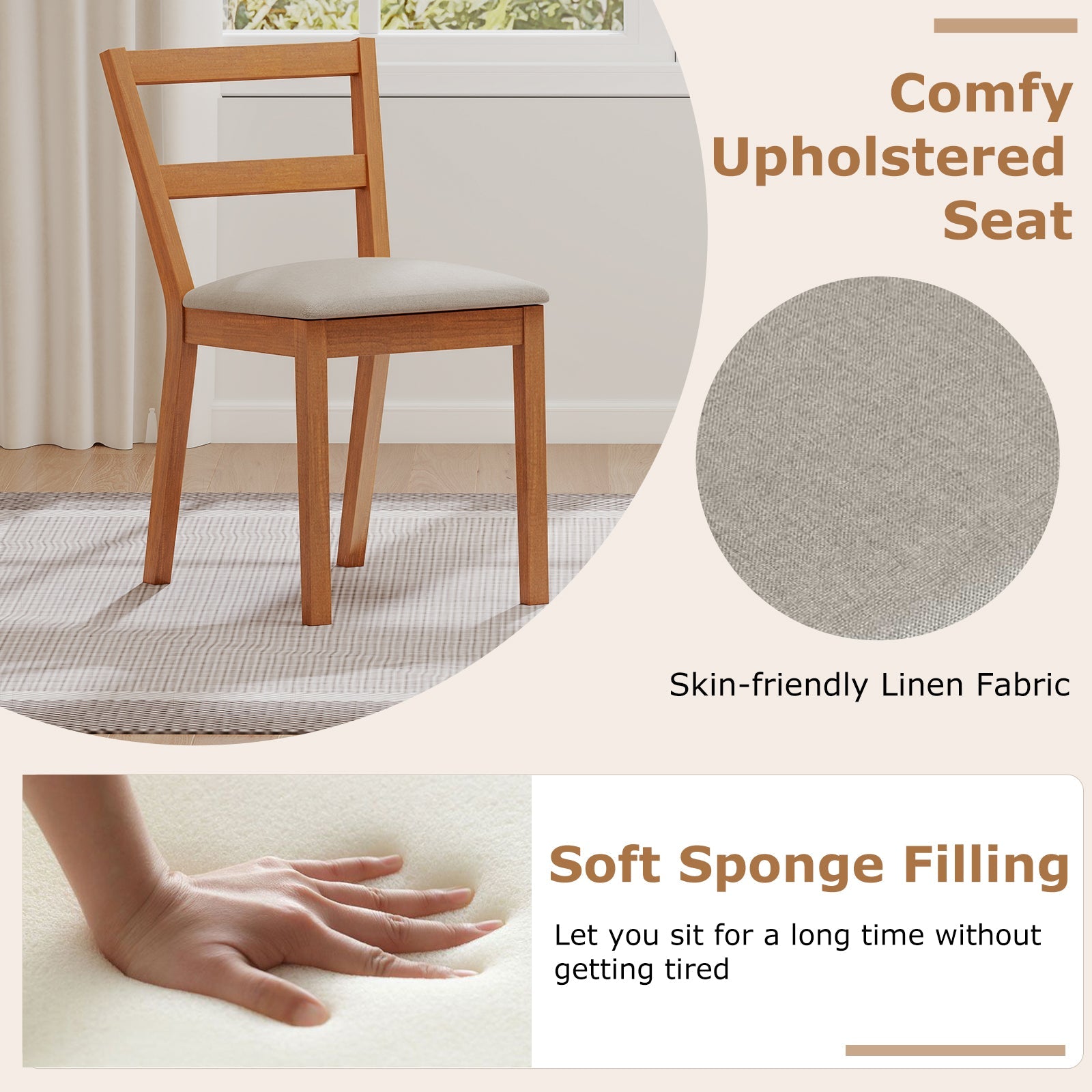 Wooden Dining Chair Set of 2 Farmhouse Kitchen Chair with Upholstered Seat-Brown
