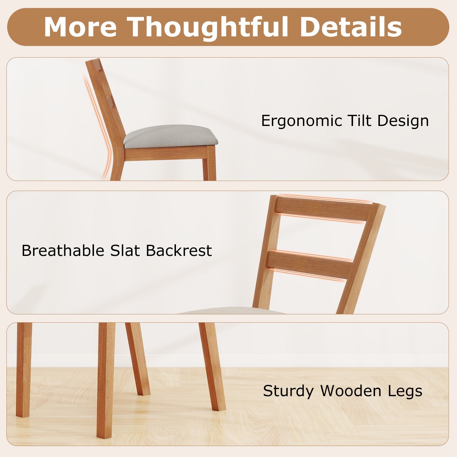 Wooden Dining Chair Set of 2 Farmhouse Kitchen Chair with Upholstered Seat-Brown