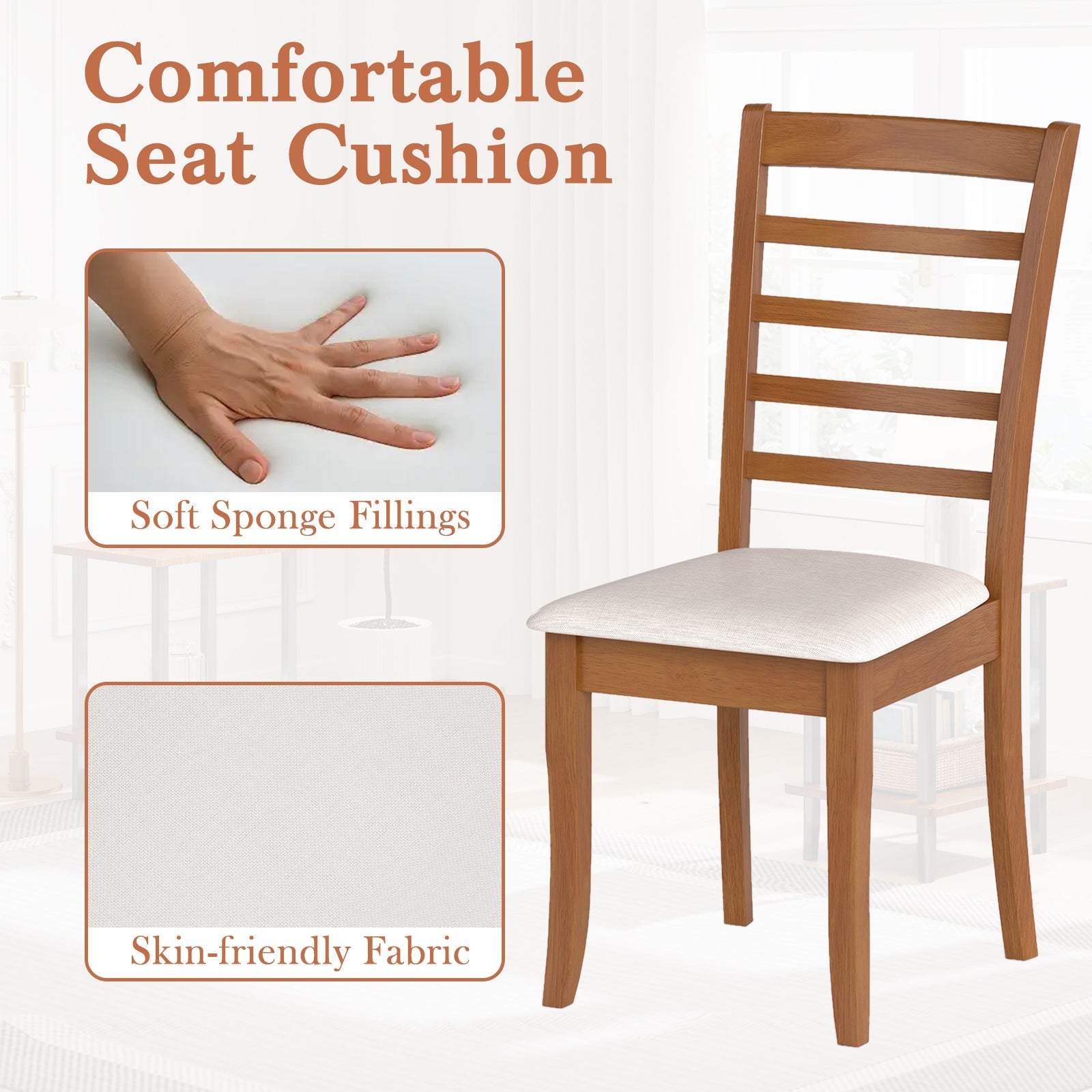 Wooden Dining Chair Set of 2 Modern Upholstered Kitchen Chair-Beige