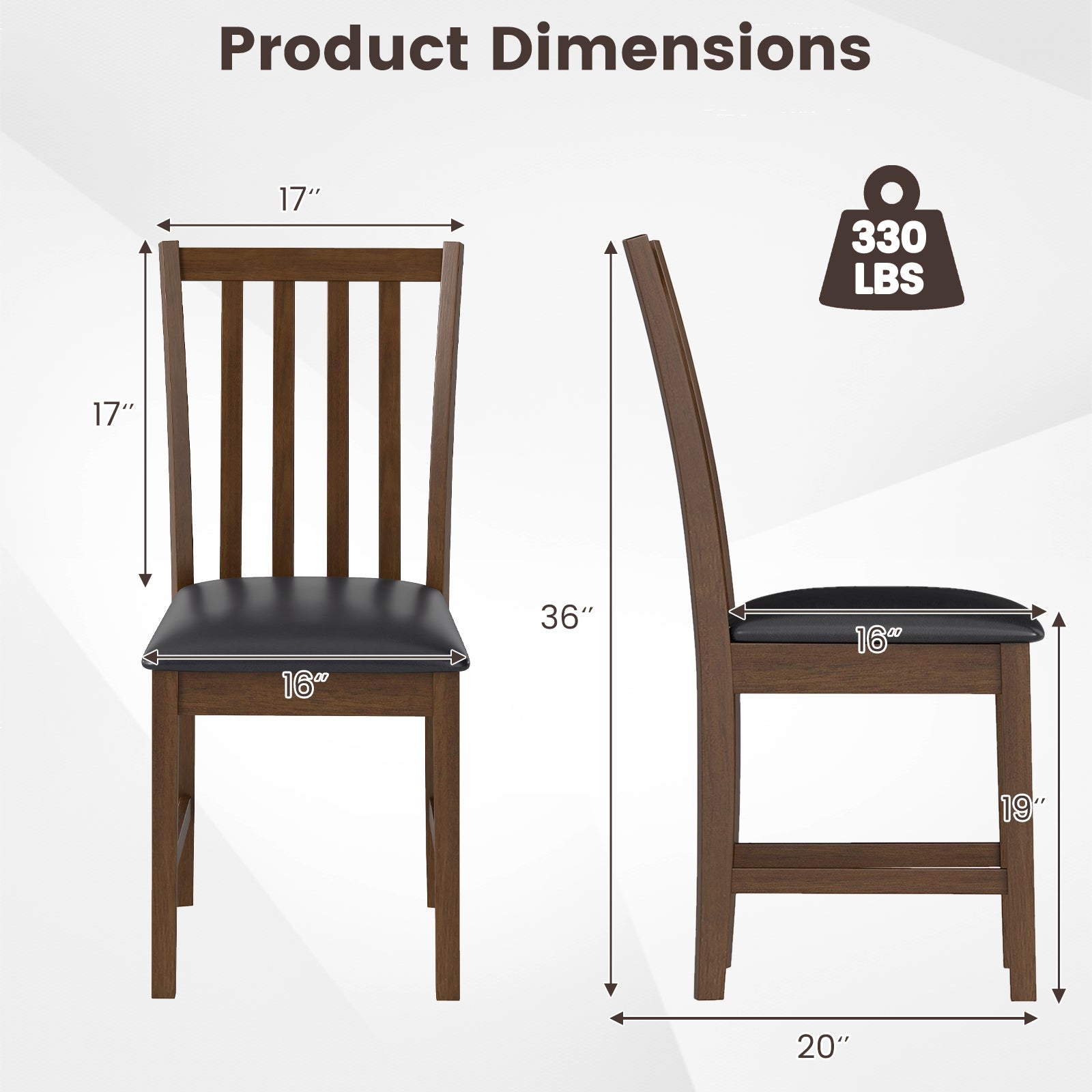 Wooden Dining Chair Set of 2 with Rubber Wood Frame and Padded Seat