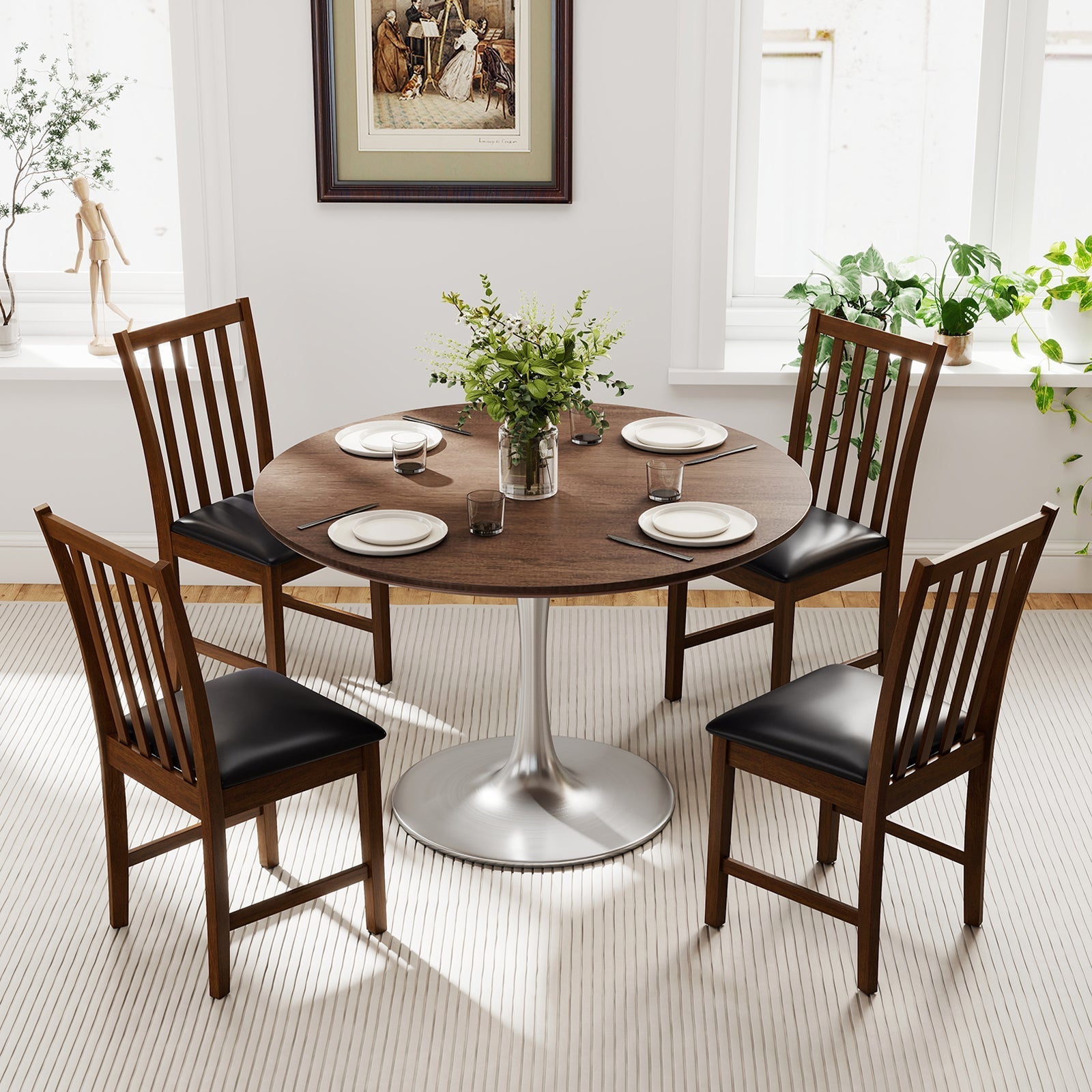 Wooden Dining Chair Set of 2 with Rubber Wood Frame and Padded Seat