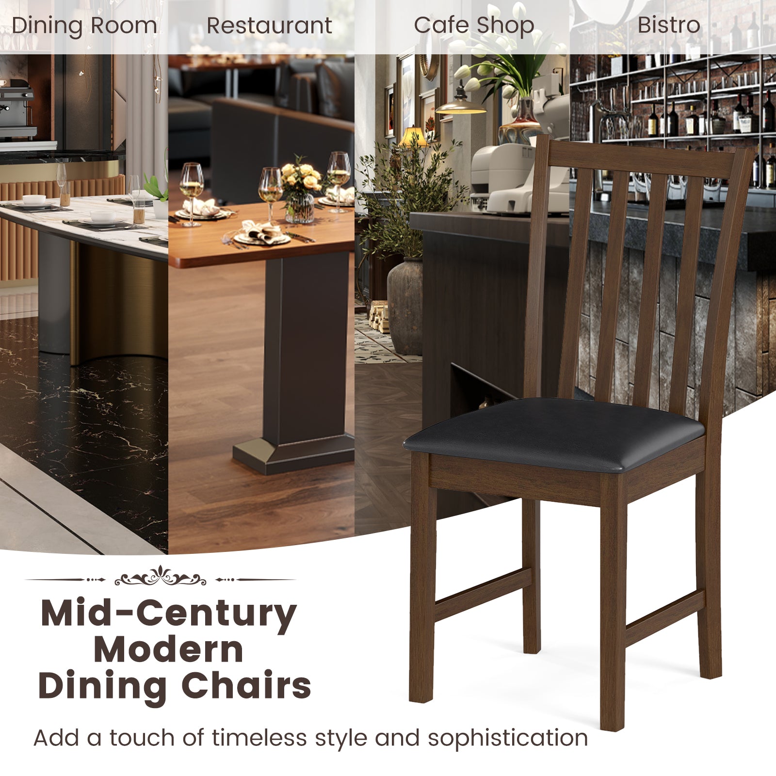 Wooden Dining Chair Set of 2 with Rubber Wood Frame and Padded Seat