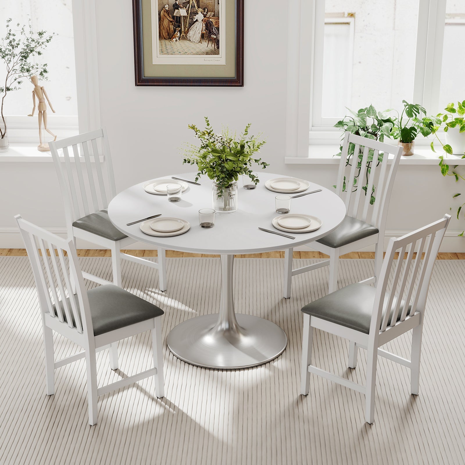 Wooden Dining Chair Set of 2 with Rubber Wood Frame and Padded Seat