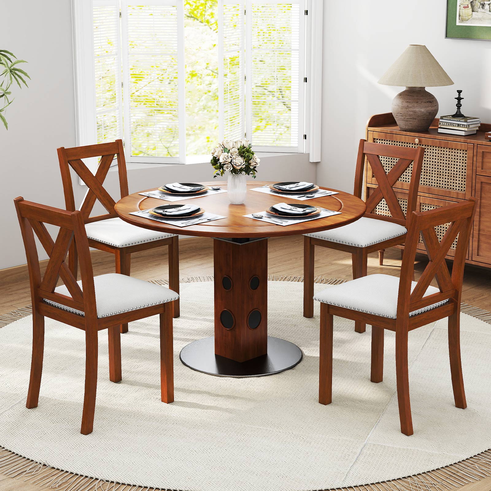 Wooden Dining Chair Set of 2 with Padded Seat and Curved Back-Beige