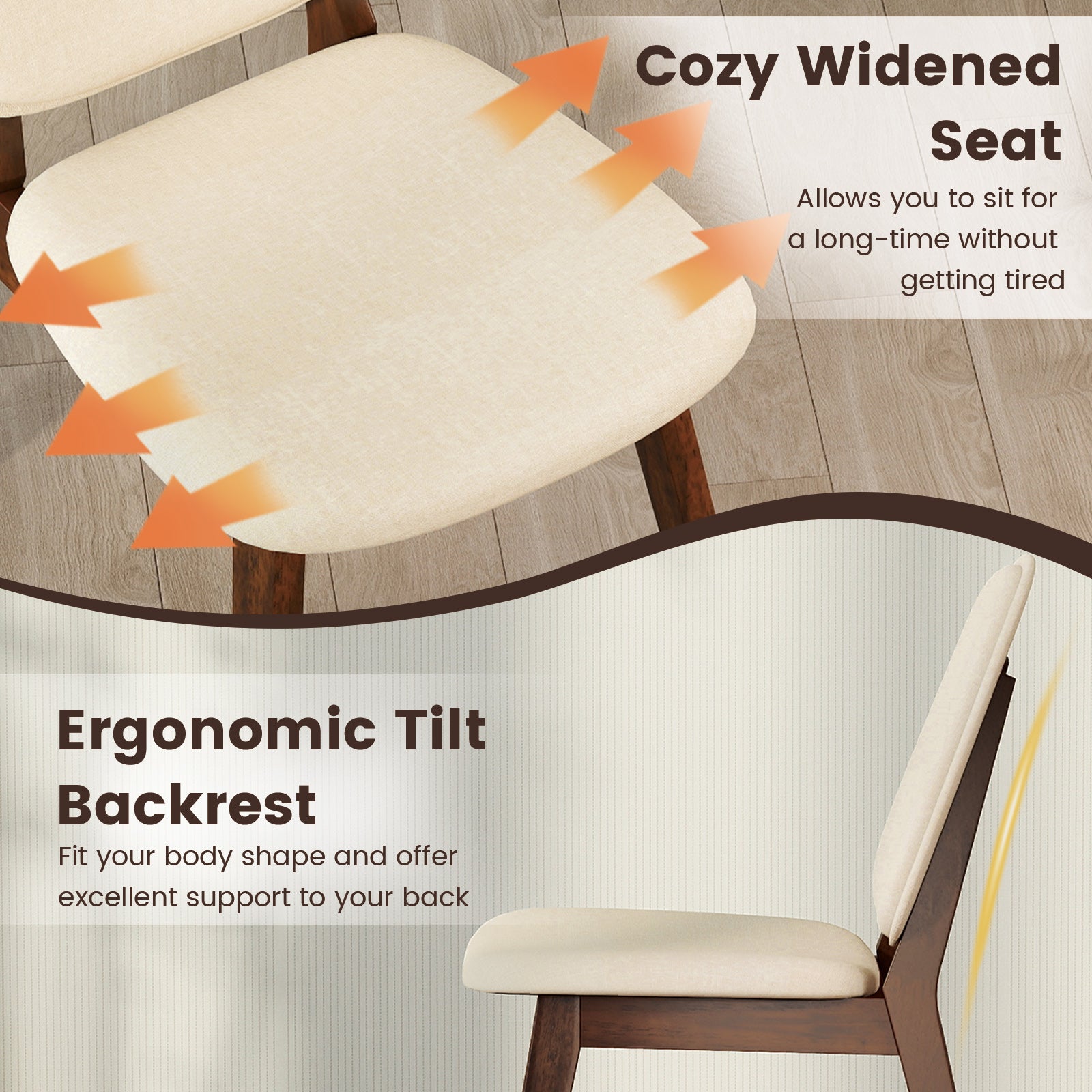 Wooden Dining Chair Set of 2 Mid-Century Modern Upholstered Side Armless Chair-Brown