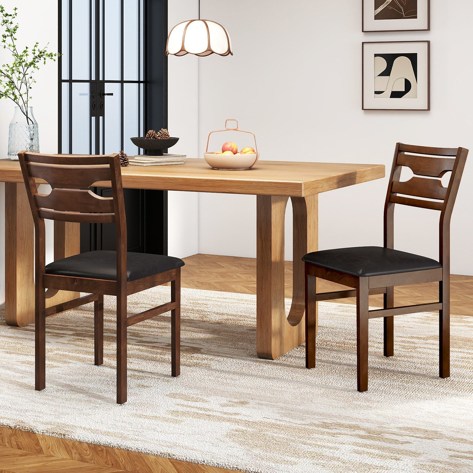 Wooden Dining Chair Set of 2 with PU Leather Padded Seat and Rubber Wood Frame-Walnut