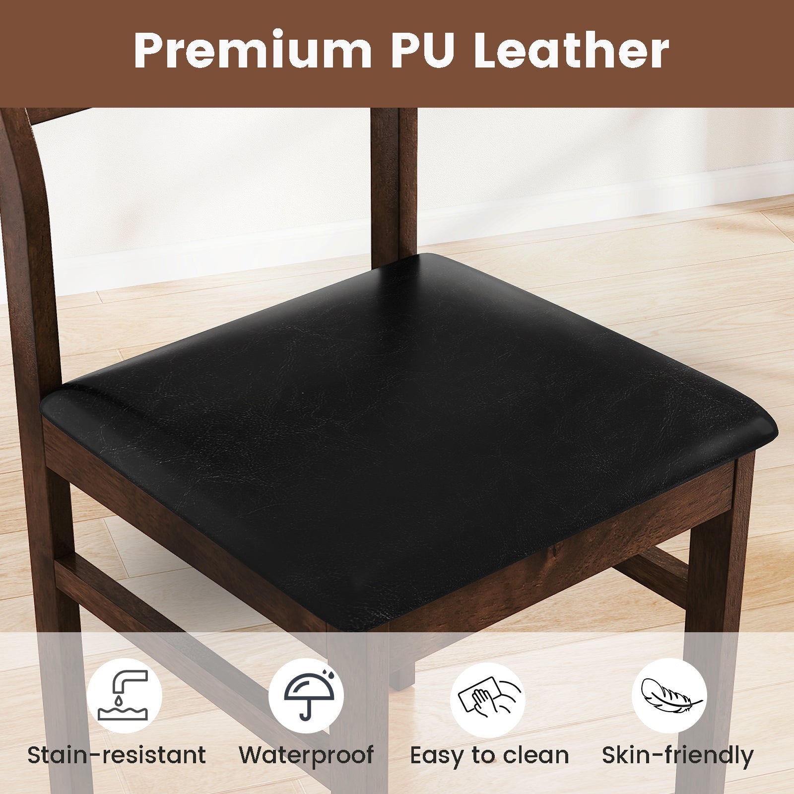 Wooden Dining Chair Set of 2 with PU Leather Padded Seat and Rubber Wood Frame-Walnut