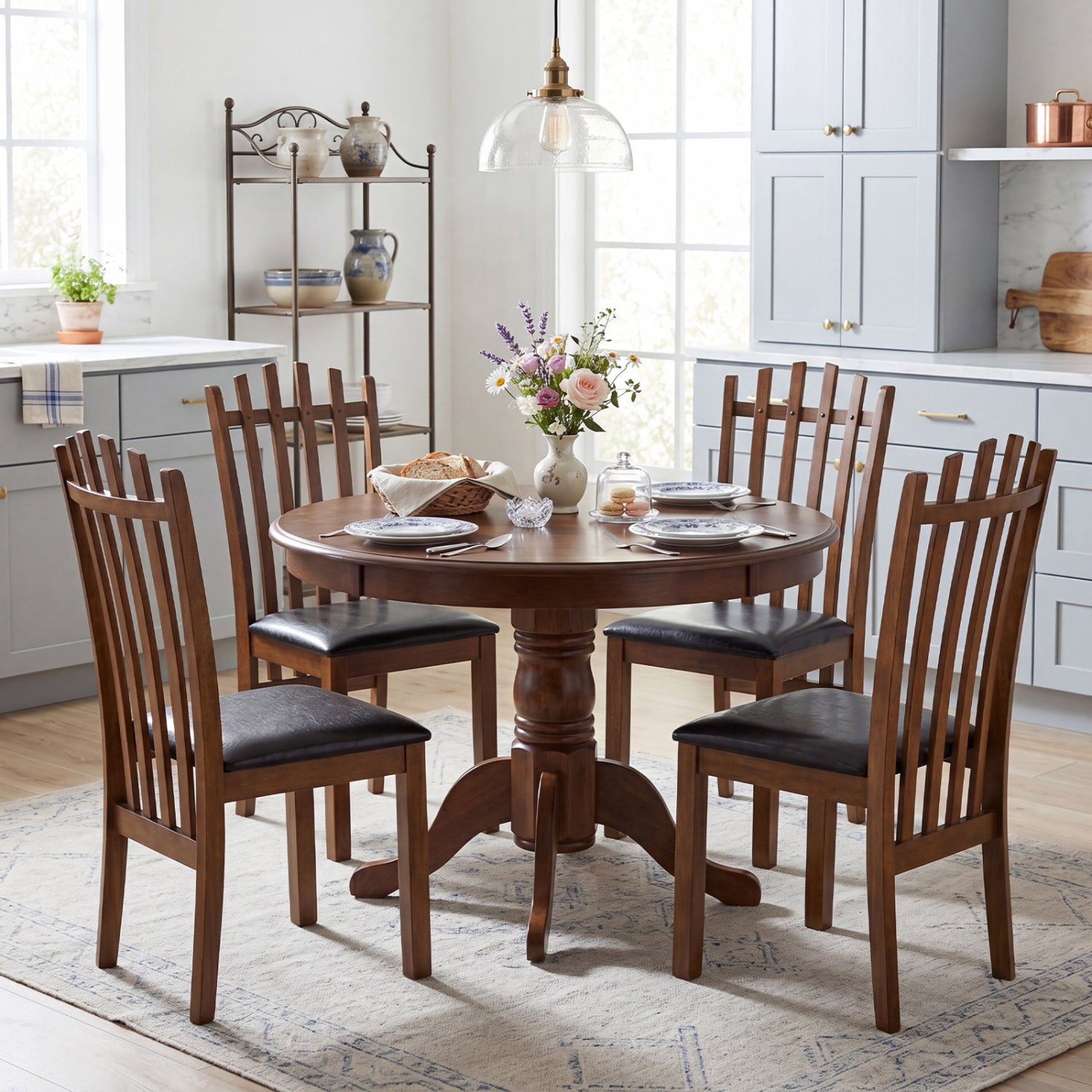 Dining Chairs Set of 4 with Spindle Back and PU Leather Seat