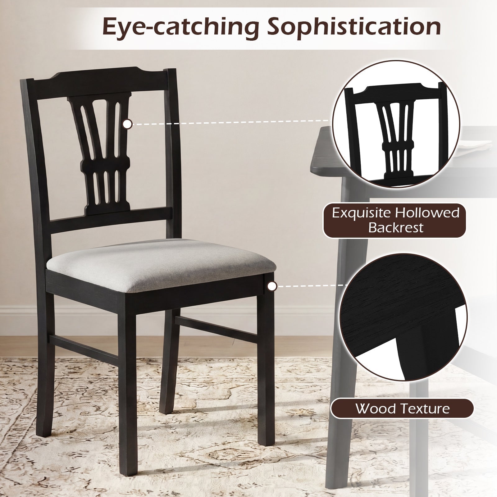 Wooden Dining Chairs Set of 2 Upholstered Kitchen Chairs with Solid Rubber Wood Frame