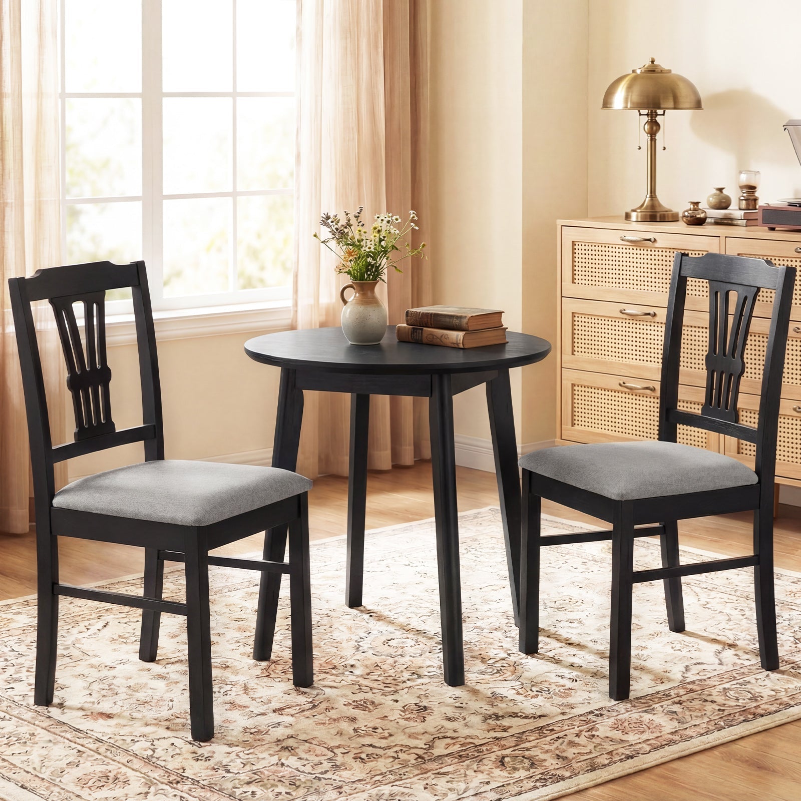 Wooden Dining Chairs Set of 2 Upholstered Kitchen Chairs with Solid Rubber Wood Frame