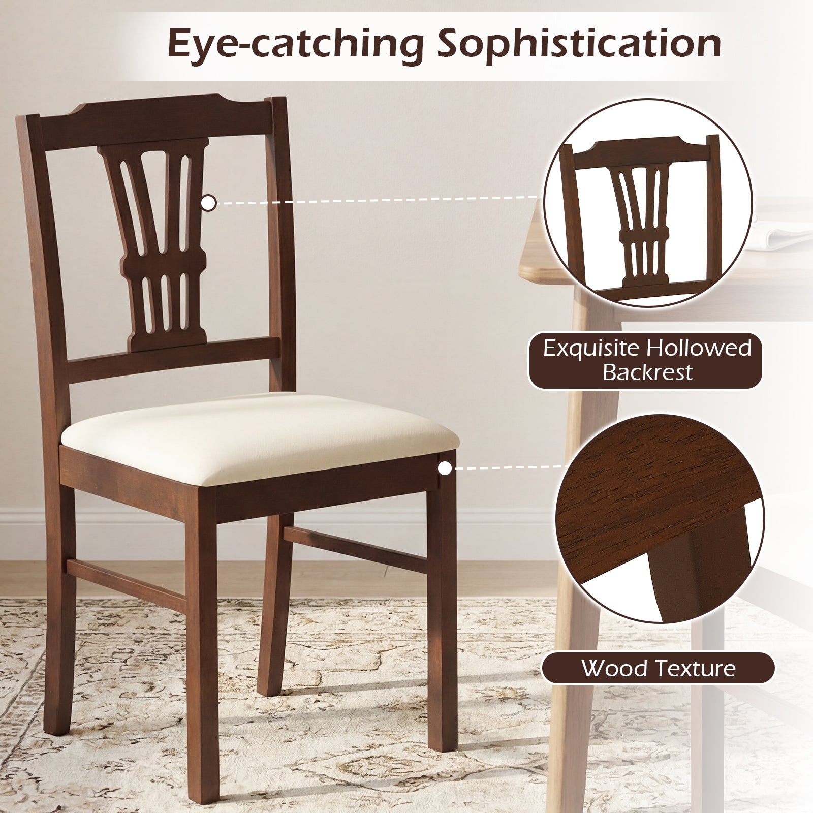Wooden Dining Chairs Set of 2 Upholstered Kitchen Chairs with Solid Rubber Wood Frame