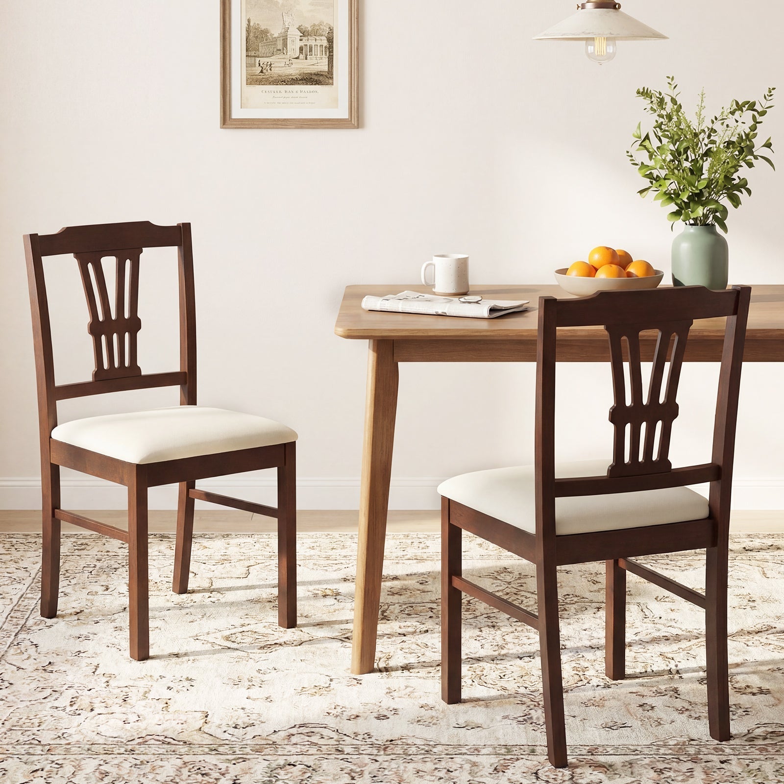 Wooden Dining Chairs Set of 2 Upholstered Kitchen Chairs with Solid Rubber Wood Frame