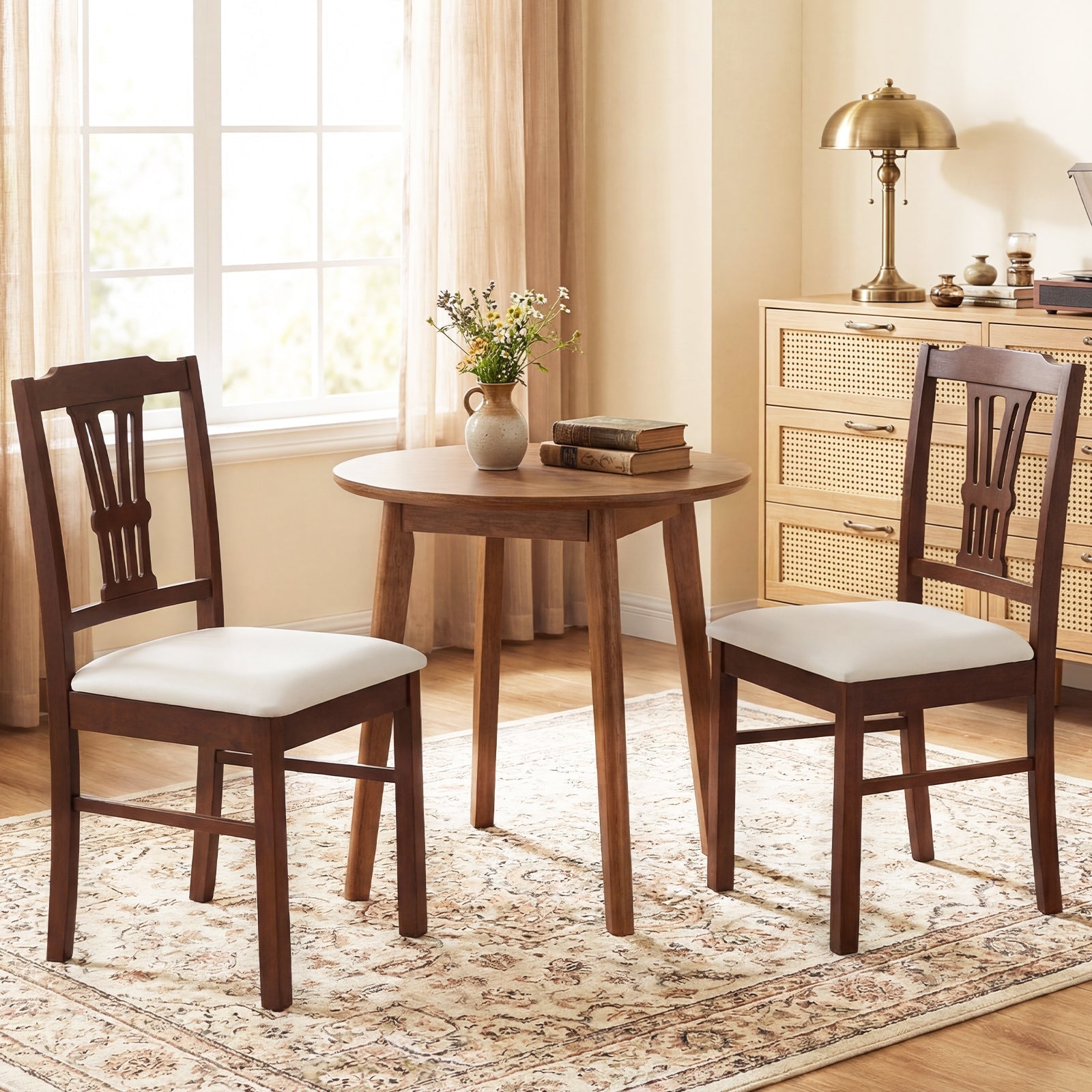 Wooden Dining Chairs Set of 2 Upholstered Kitchen Chairs with Solid Rubber Wood Frame