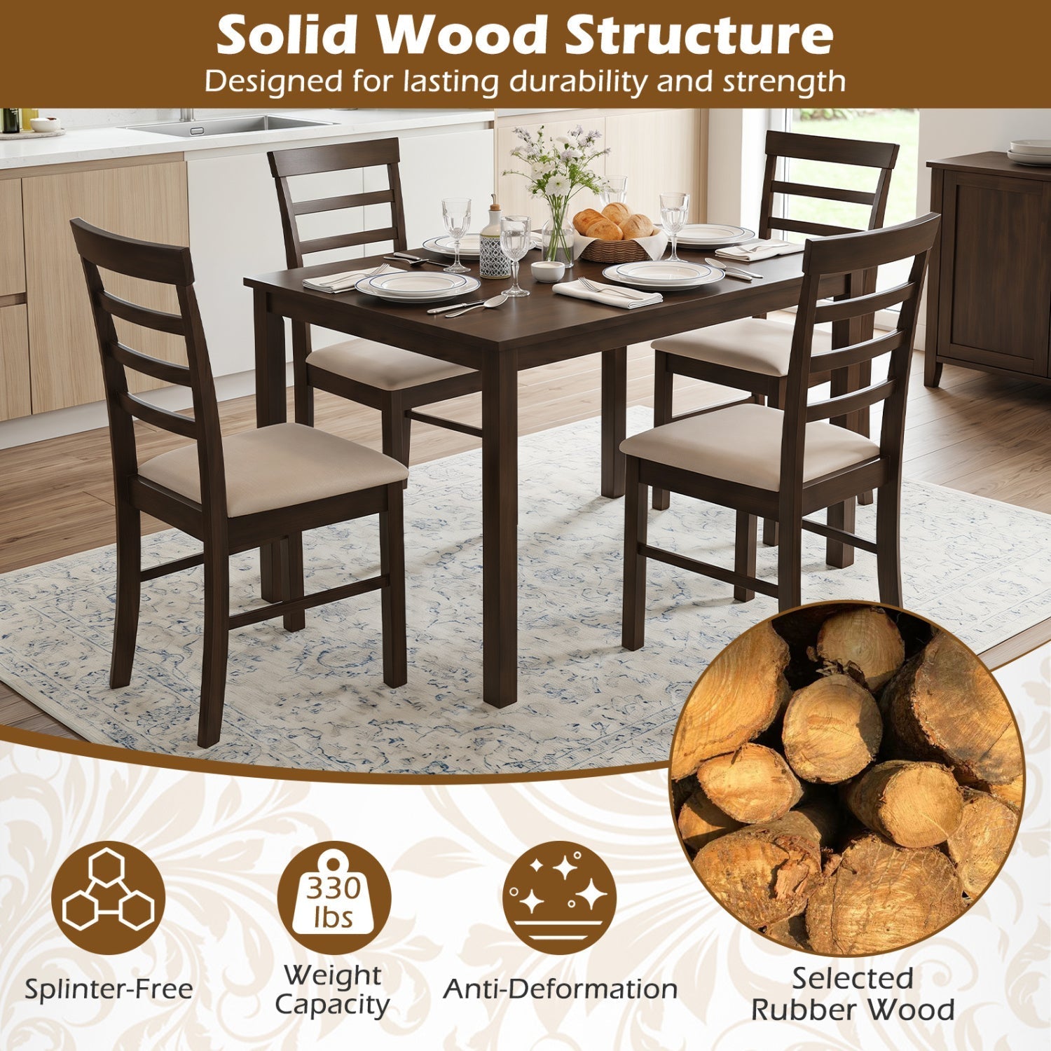 Dining Chairs Set of 4 with Fabric Cushion and Wood Frame