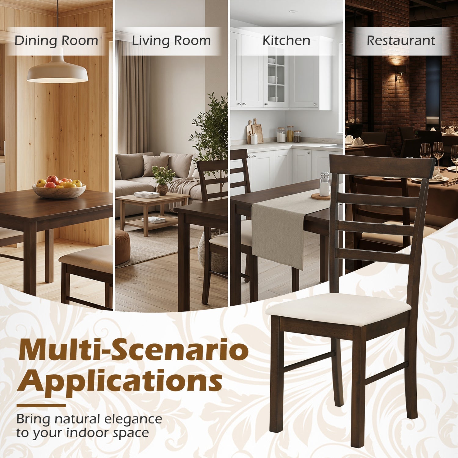Dining Chairs Set of 4 with Fabric Cushion and Wood Frame