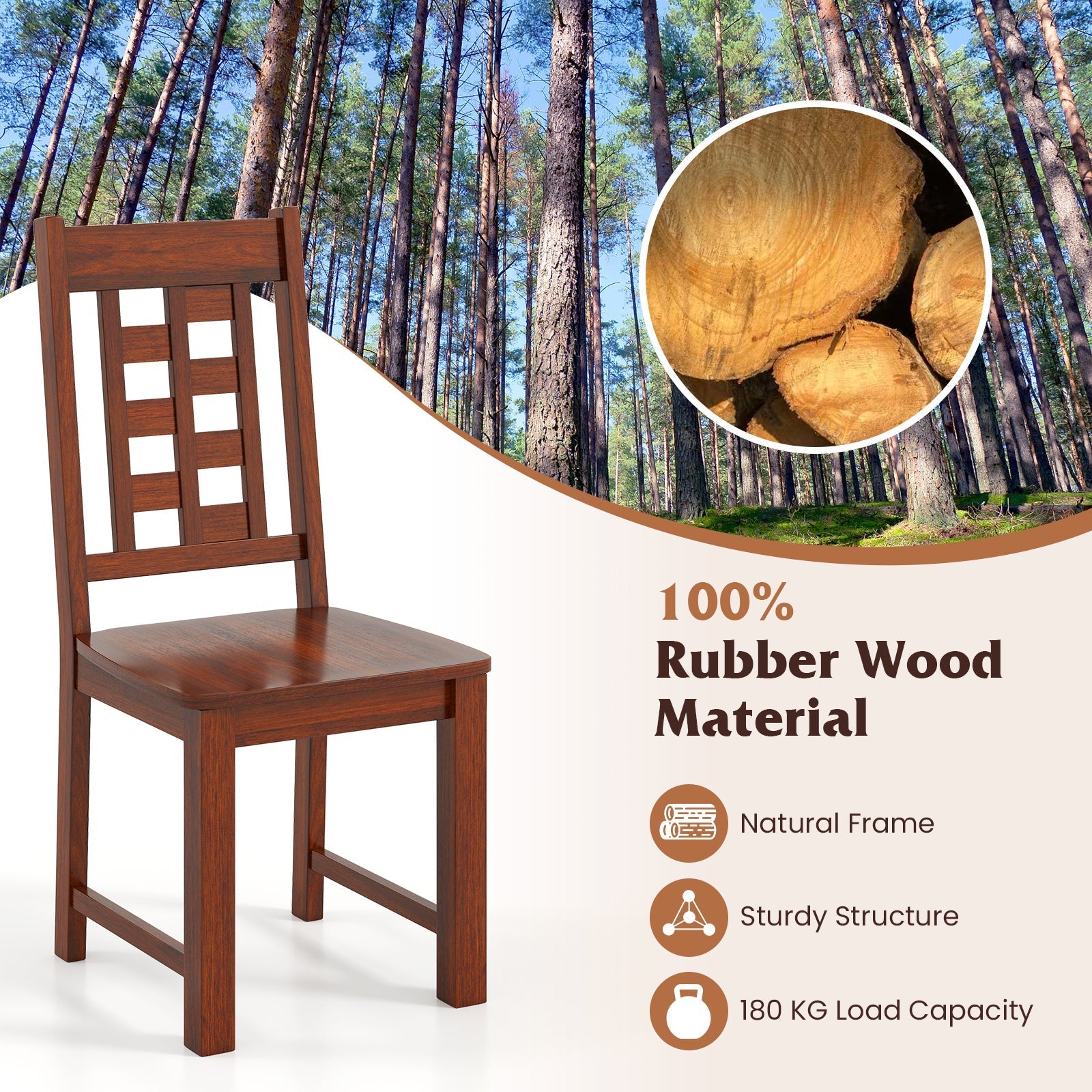Wooden Dining Chairs Set of 2 Kitchen Chair with Solid Rubber Wood Frame-Walnut