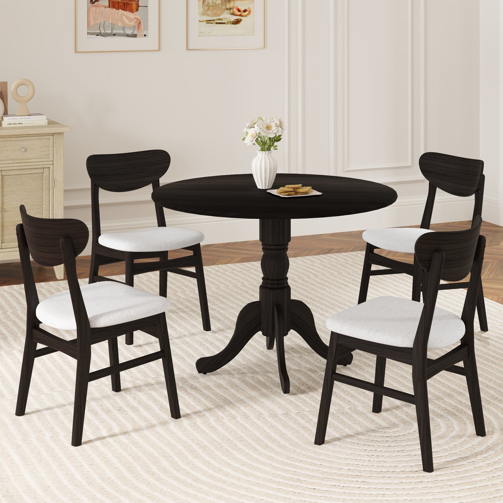 Wooden Dining Table with Round Tabletop and Curved Trestle Legs