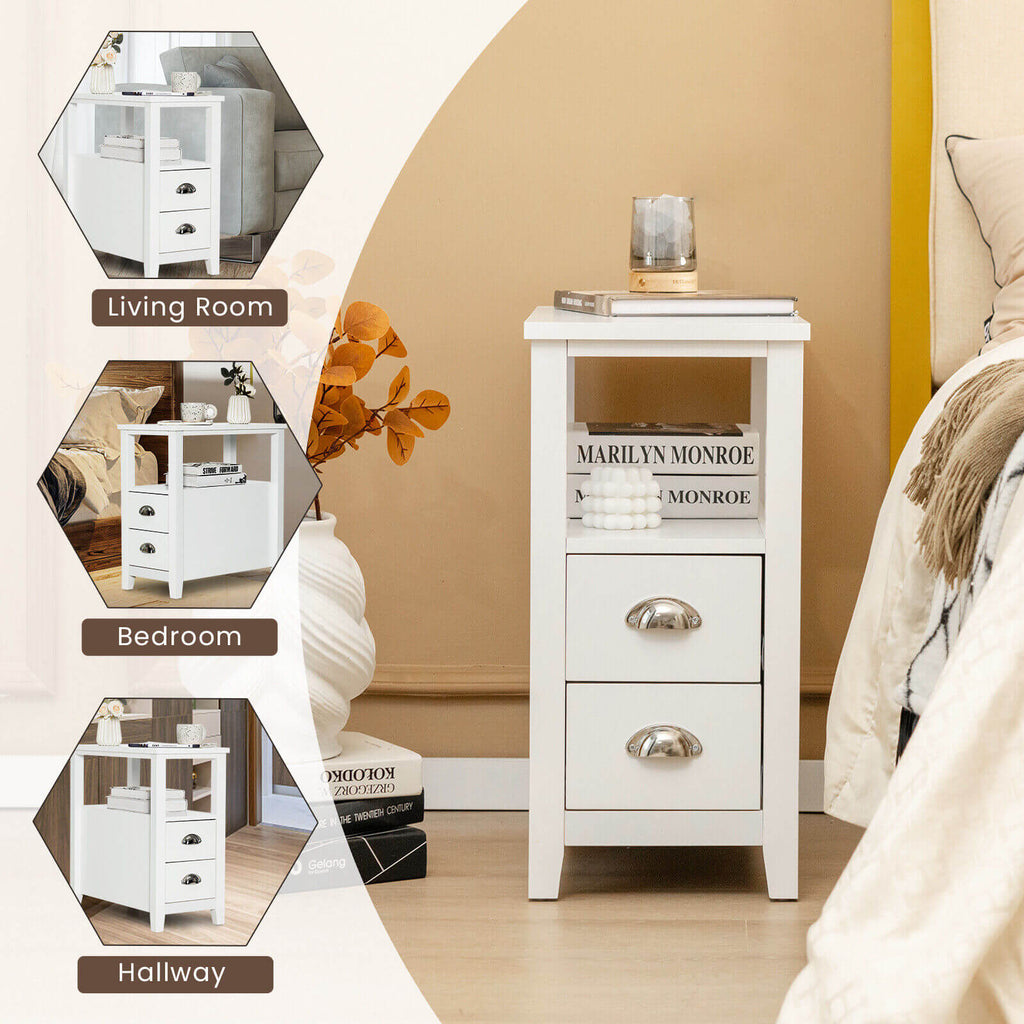 End Table Wooden with 2 Drawers and Shelf Bedside Table