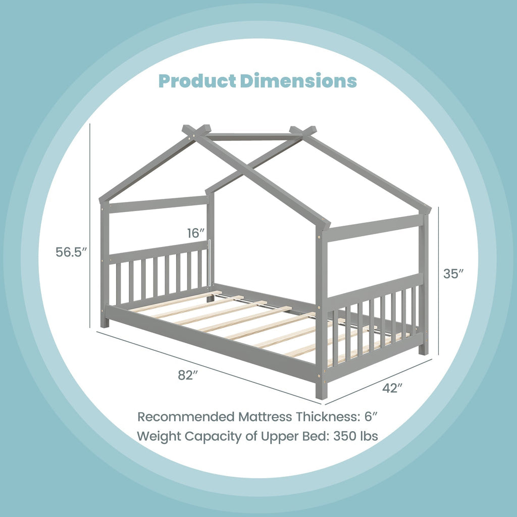 Twin Size Wooden House Bed with Roof