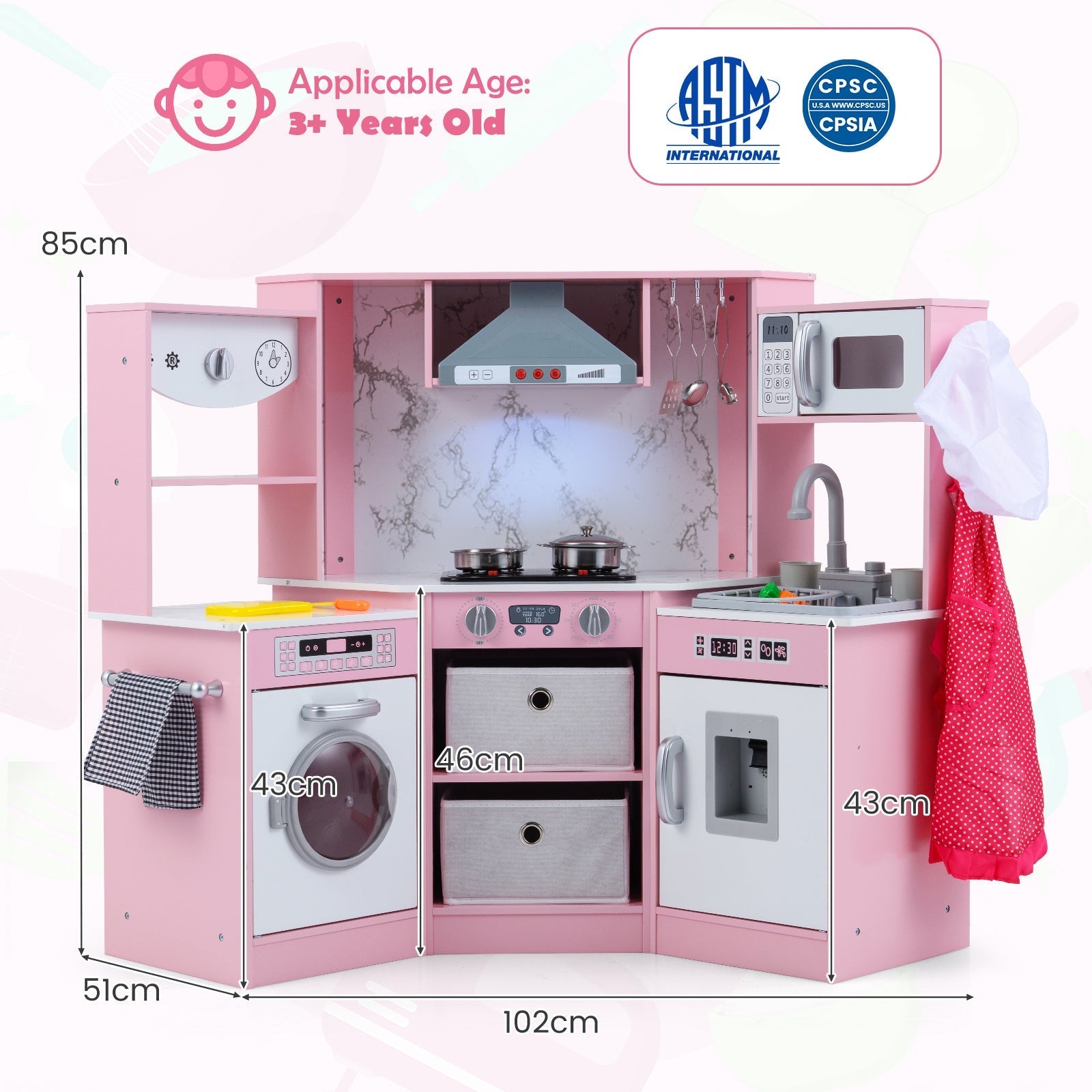 Wooden Kids Play Kitchen Playset with Realistic Lights and Sounds