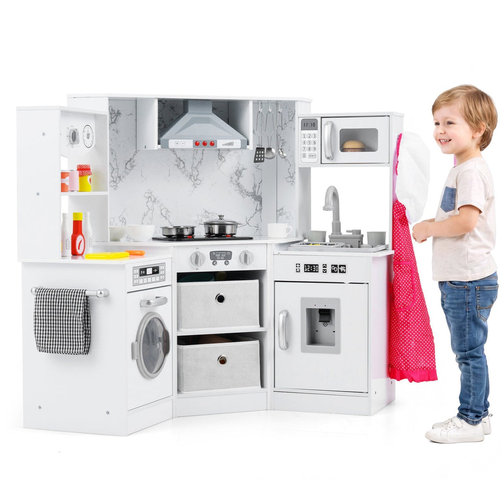 Wooden Kids Play Kitchen Playset with Realistic Lights and Sounds