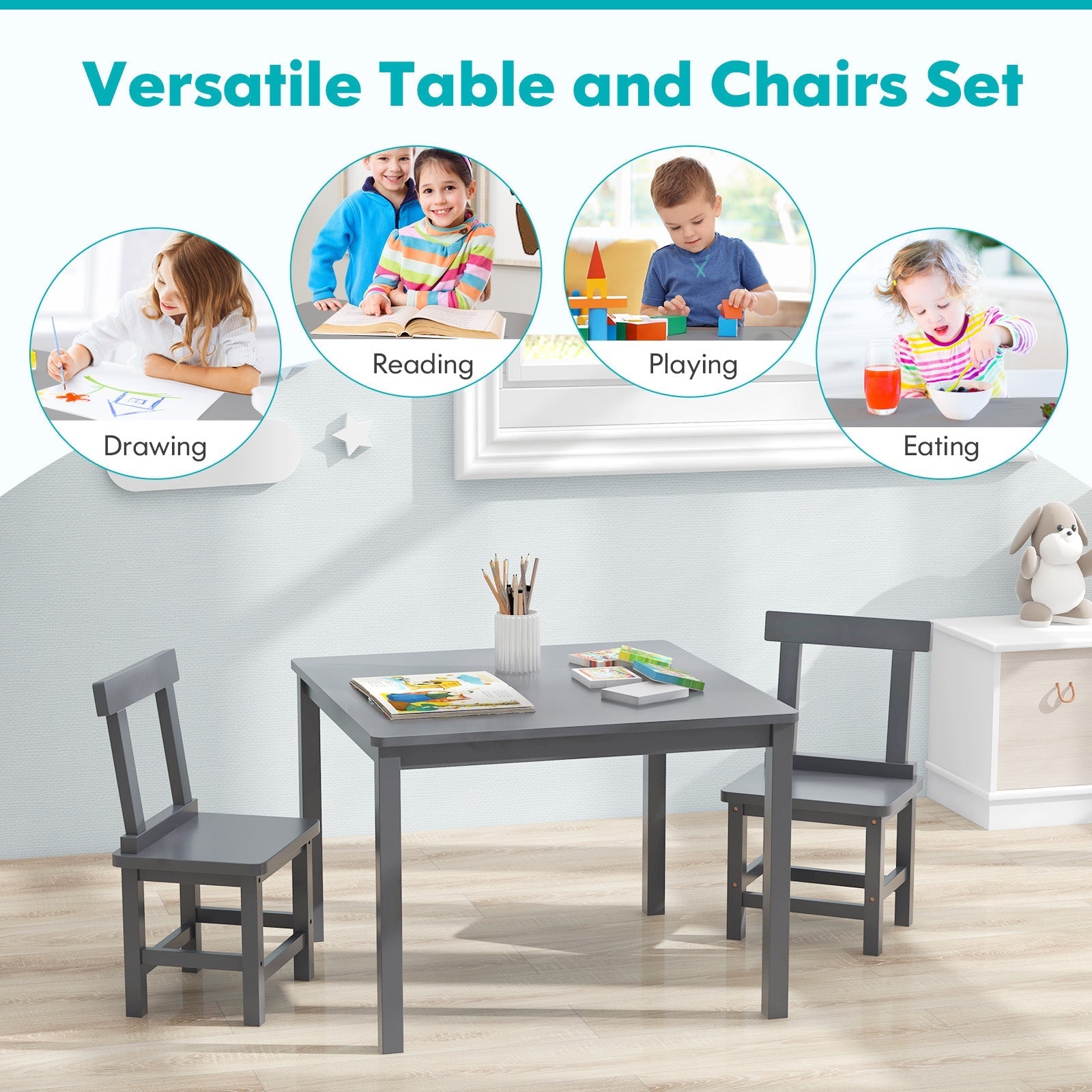 Wooden Kids Table and 2 Chairs Set with Anti-slip Foot Pads